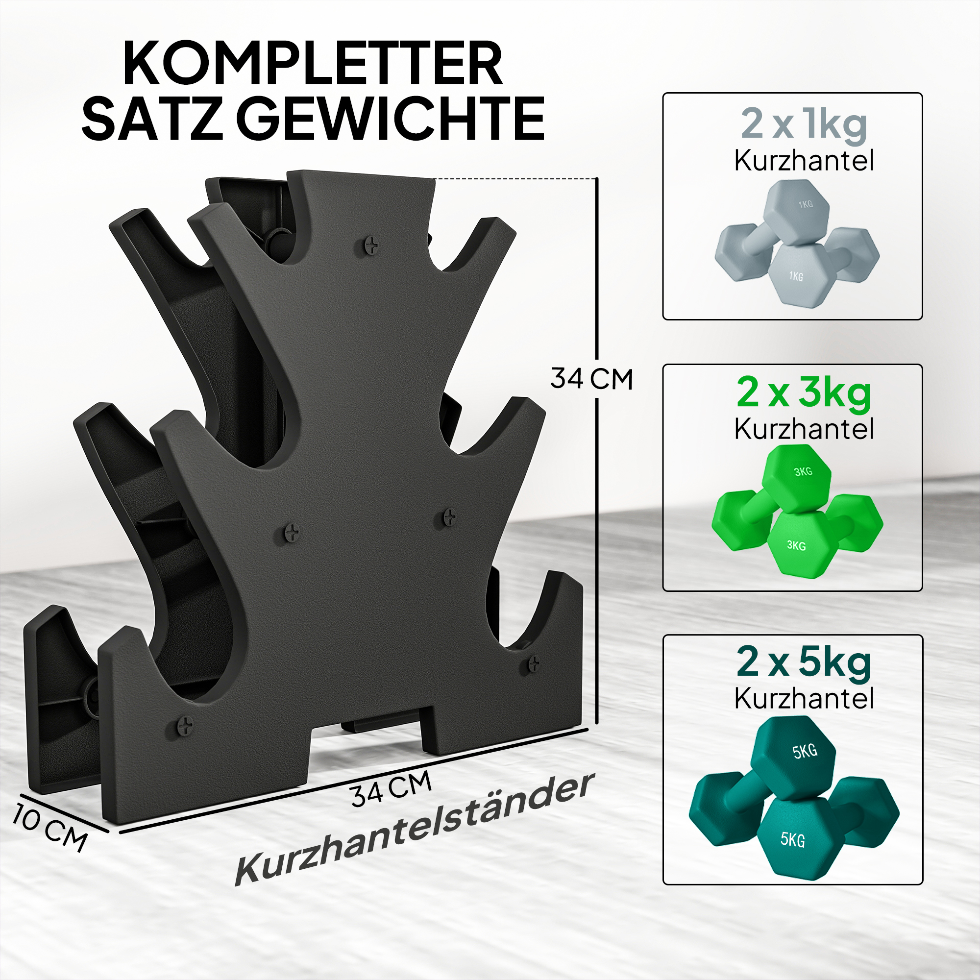 Hantlite komplekt hoiurestiga, 6 hantlit treeninguks, 2 x 1kg, 2 x 3kg, 2 x 5kg