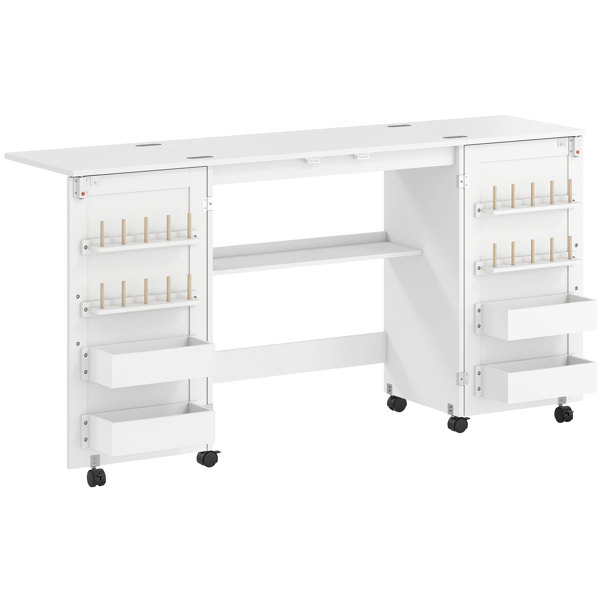 HOMCOM Mesa de Costura Plegable con 6 Ruedas 20 Clavijas para Hilos 4 Compartimentos Estante Blanco