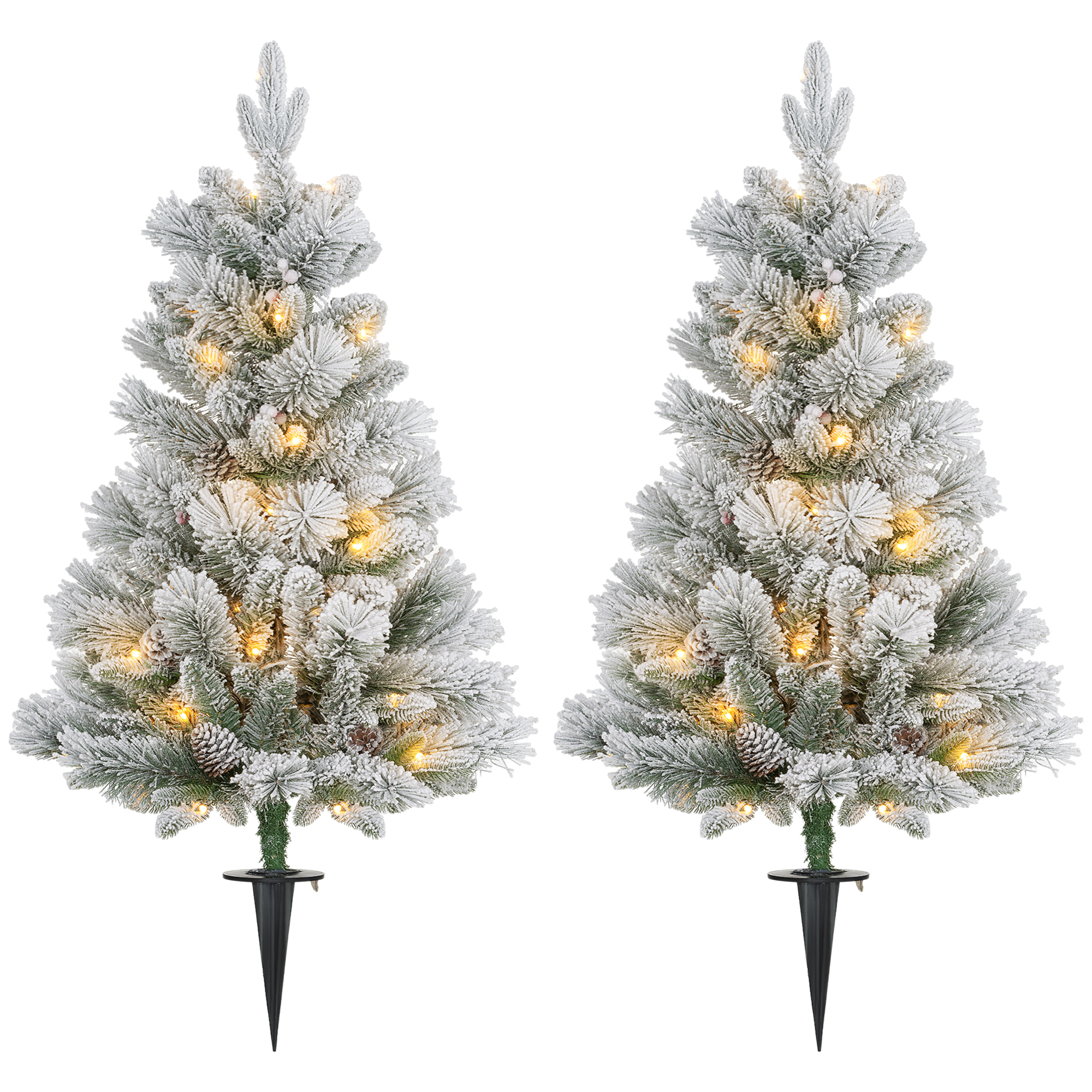 Jõulupuu LED-valgustusega, 2 tk komplekt, 107 cm, männikäbid, punased marjad, tulekindel, roheline/valge