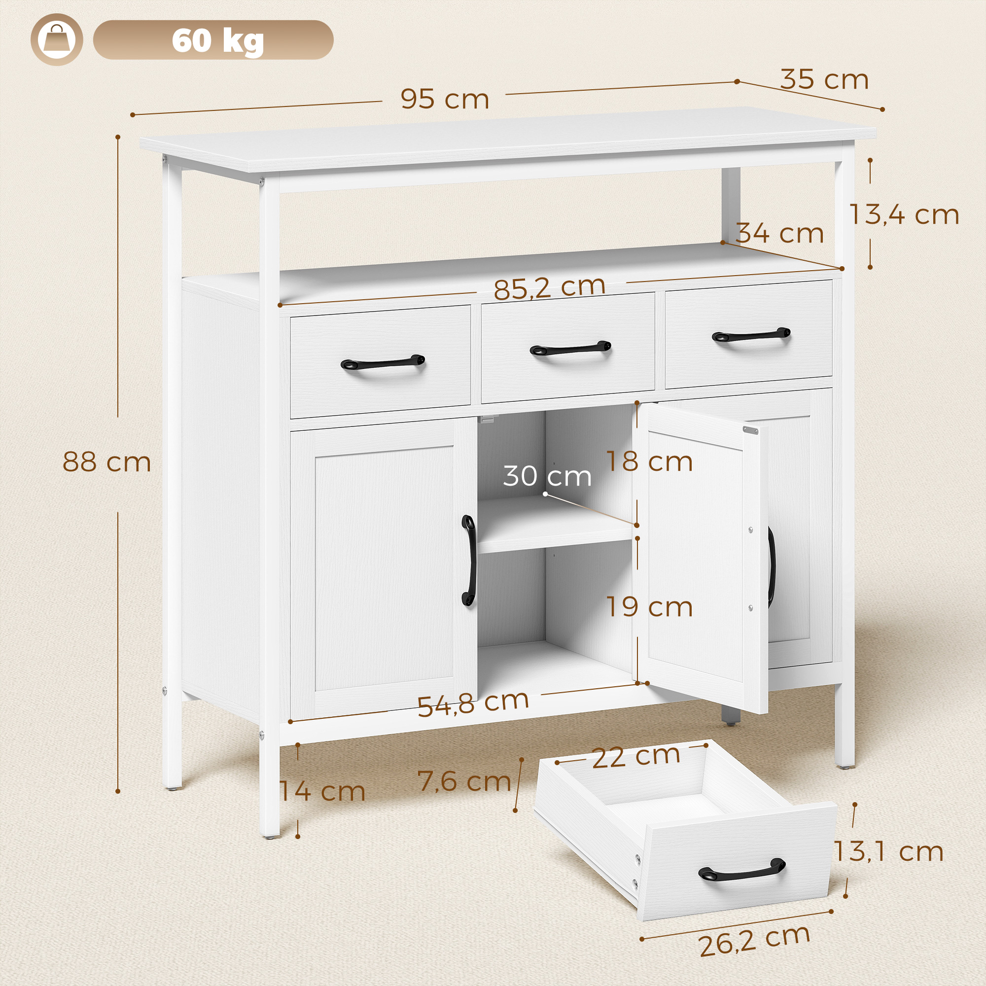 Kummut reguleeritavate riiulitega, buffet-kapp 3 sahtli ja 3 uksega, 95 cm, valge