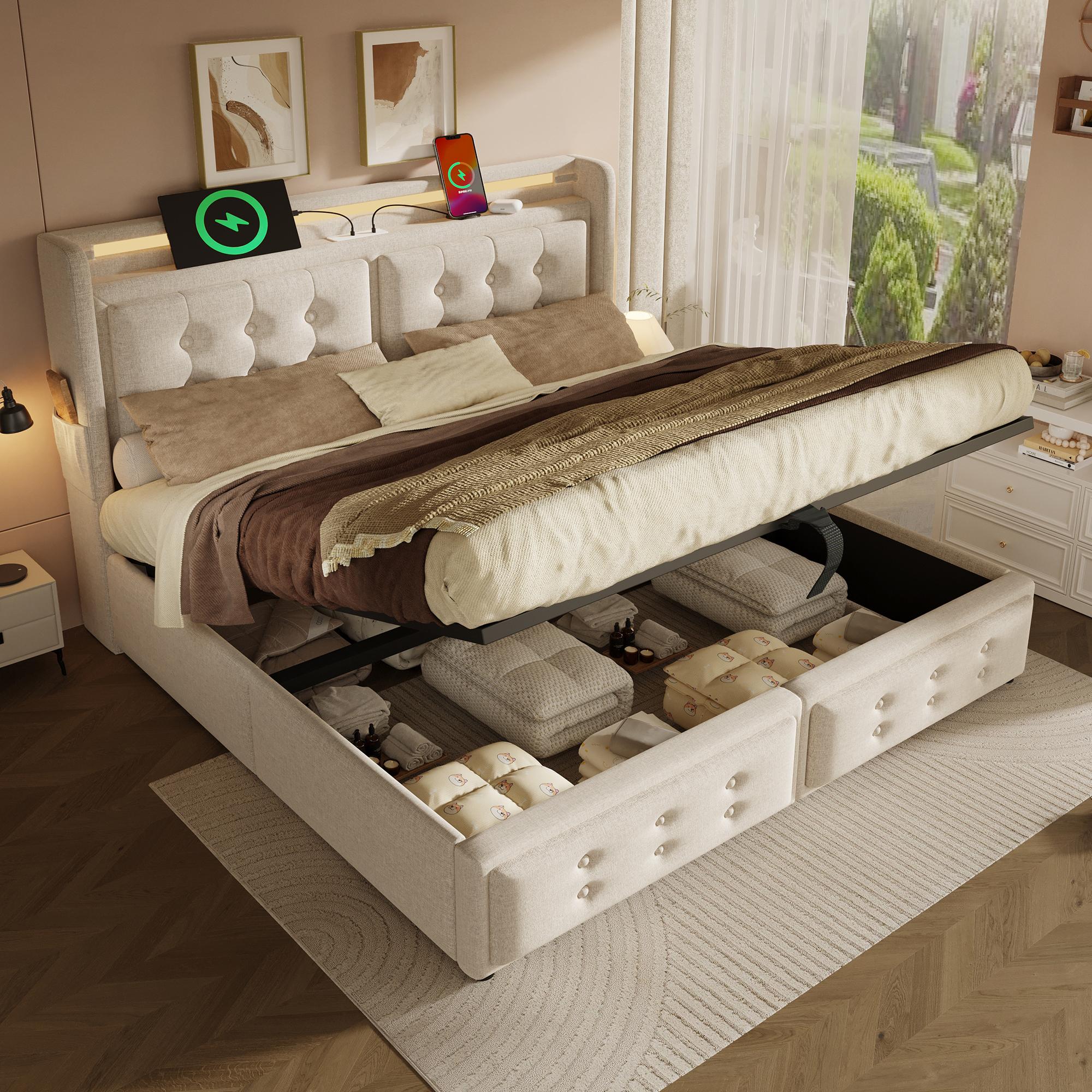 Practical Double Bed with Power 0utlets and USB Ports, Stylish Bed Frame with Gas-Lift Storage, 211L x 142W x 110H cm, Beige   Aosom UK
