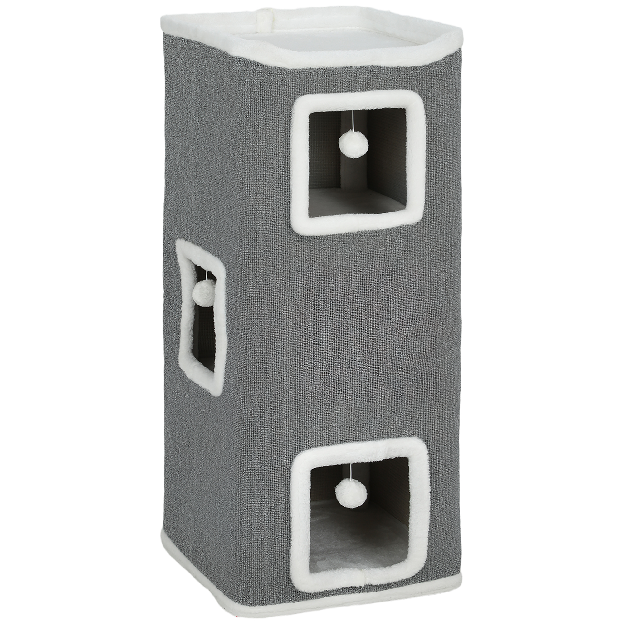 PawHut Kratztonne 100 cm Hoch 41 x 41 cm vierstöckige Katzentonne mit Spielball, Plüschrand, Katzenhöhle, Kratzbaum für 1-2 Katzen unter 7kg, Grau Aosom