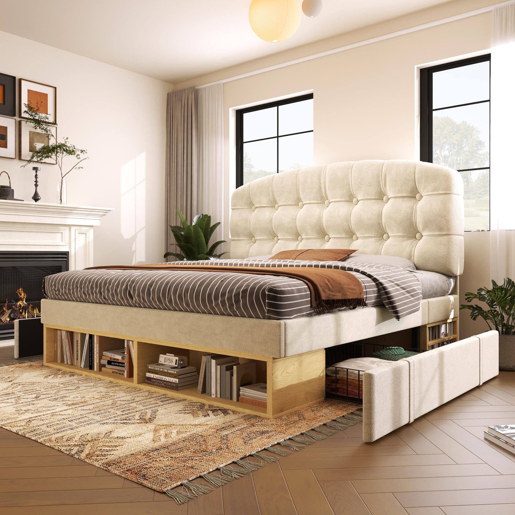 Upholstered Double Bed Frame with Button-Tufted Headboard, Soft Velvet Platform Bed for Bedroom, 197L x 146W x 120H cm, Beige Aosom UK