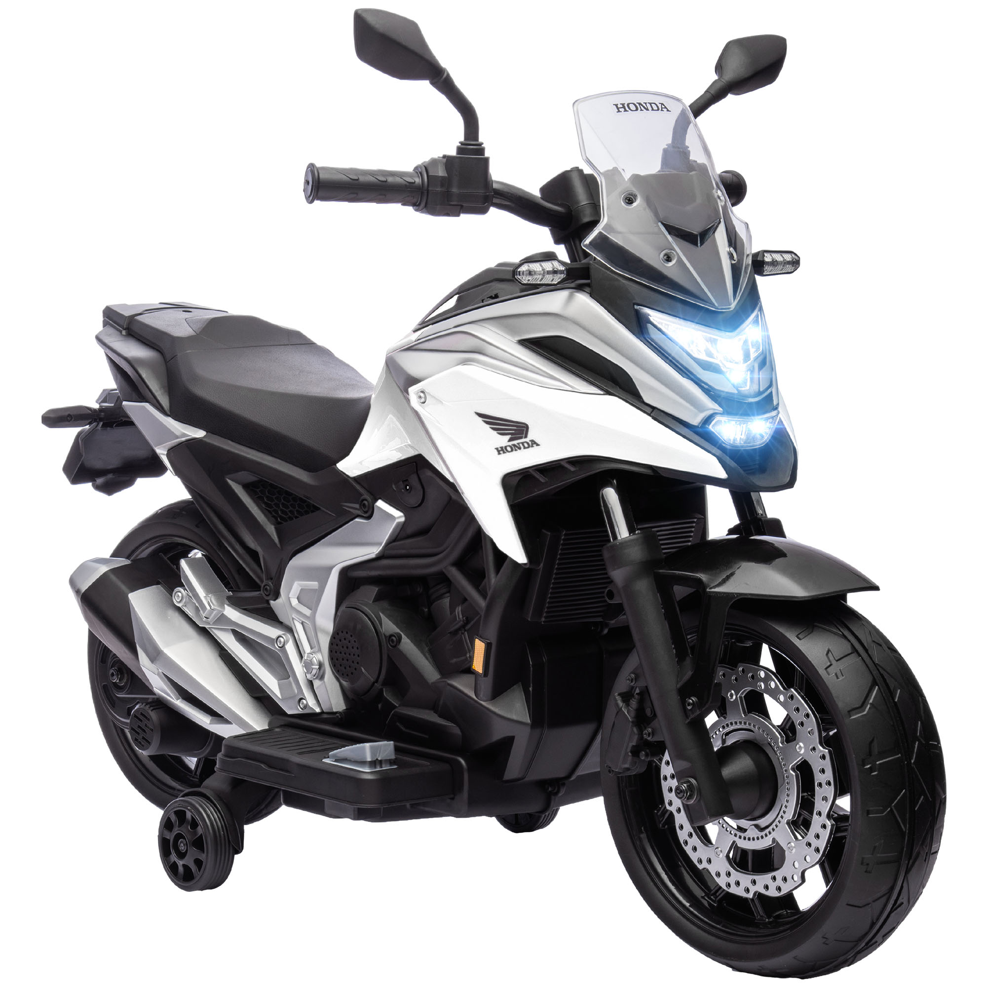 AIYAPLAY Kinder Elektro-Motorrad, 12V Kindermotorrad mit MP3, USB, LED-Scheinwerfer, Kinderfahrzeug mit Frühpädagogischen Funktionen, Trainingsrädern, 3km/h, für 3-6 Jahre, Weiß   Aosom