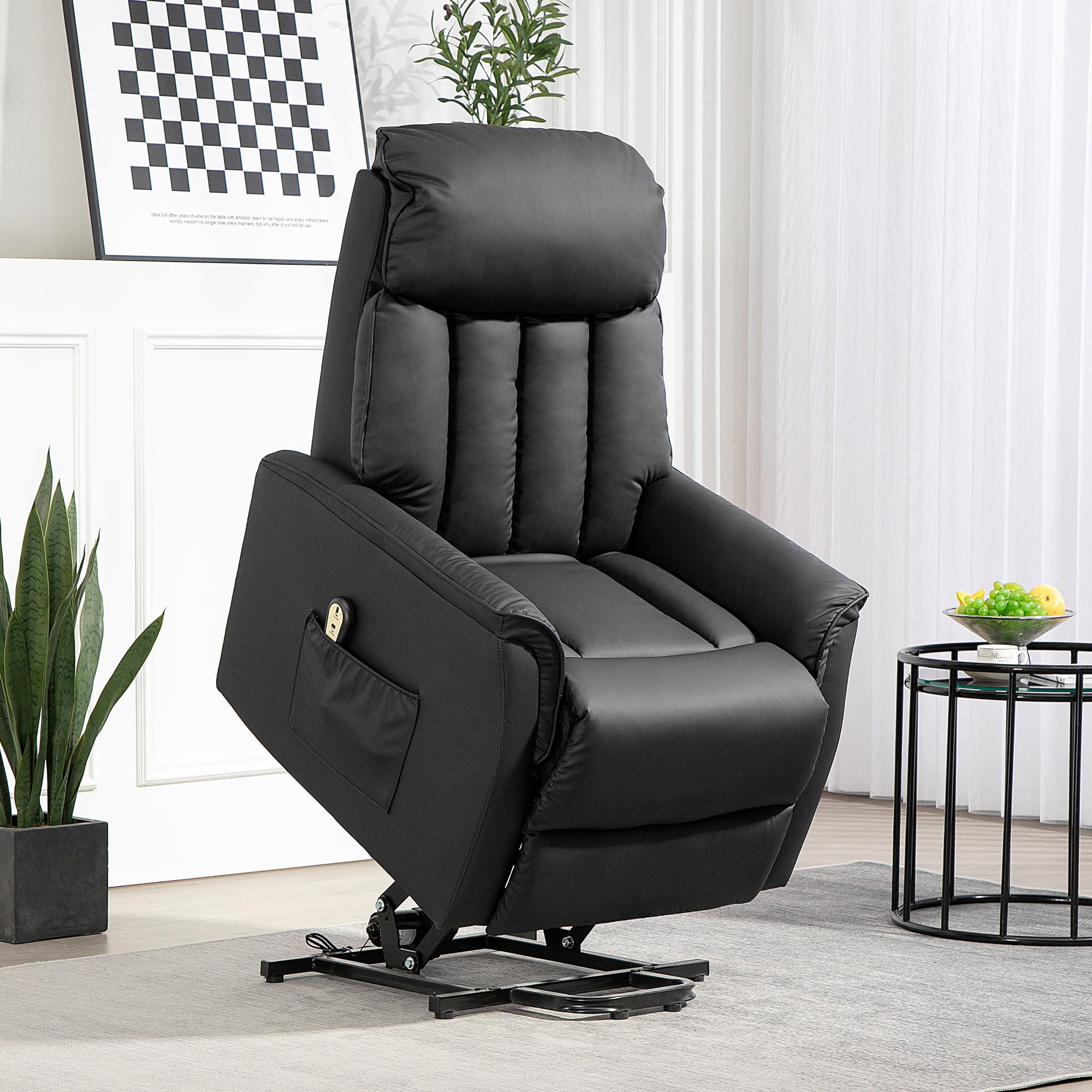 HOMCOM Relaxsessel Elektrisch Fernsehsessel mit Aufstehhilfe, Liegefunktion, Massagesessel mit Fußteil, Seitentasche, Fernbedienung, für Wohnzimmer, bis 150 kg, Kunstleder, Schwarz   Aosom
