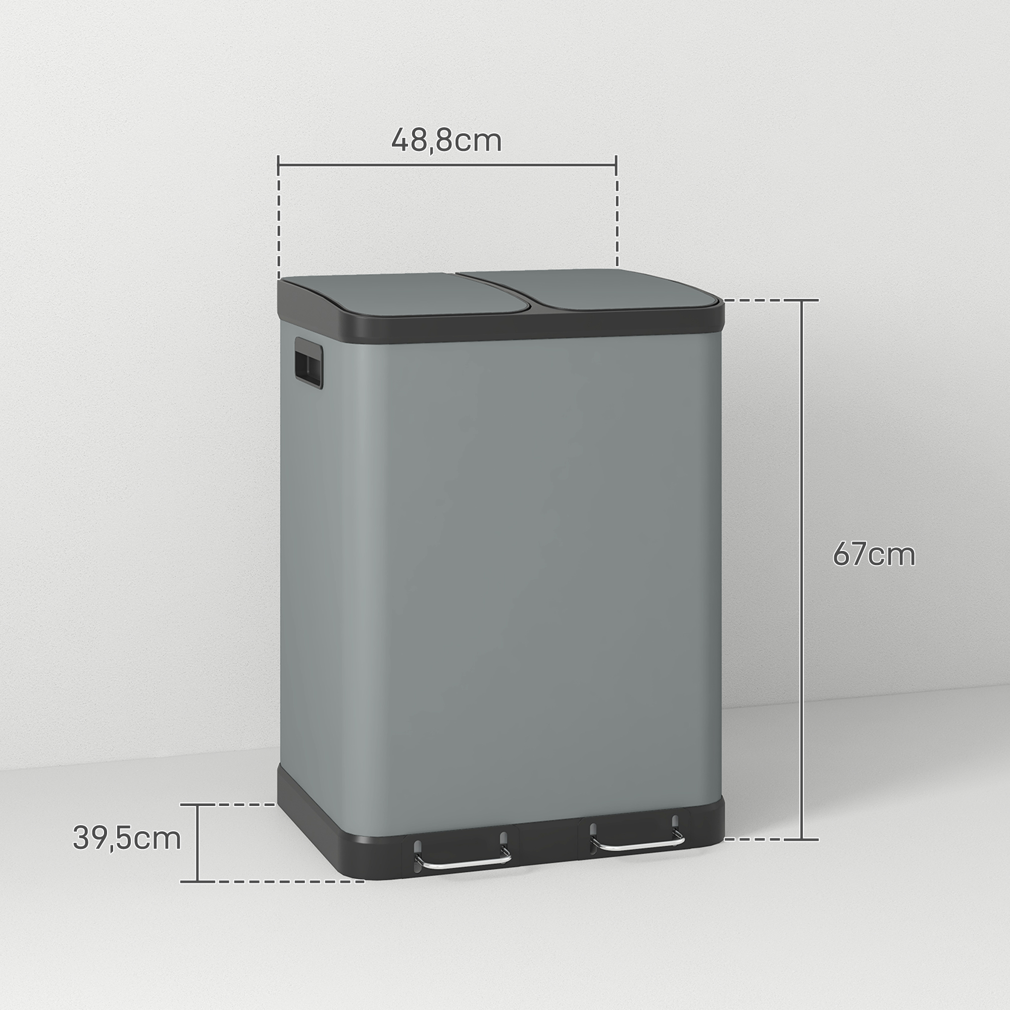 Kahe sektsiooniga prügikast, 2 x 30L, sõrmejäljekindel, pedaaliga, eemaldatavad sisemised ämbrid, hall