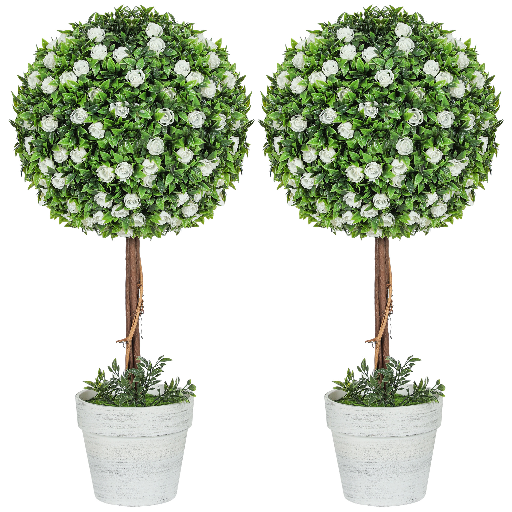 HOMCOM Set of 2 Decorative Artificial Plants, Ball Topiary Tree with Rose Flower in Pot, Fake Plants for Home Indoor Outdoor Decor, 60cm, White HOMCOM Set of 2 Decorative Artificial Plants, Ball Topiary Tree with Rose Flower in Pot, Fake Plants for Home Indoor Outdoor Decor, 60cm, White