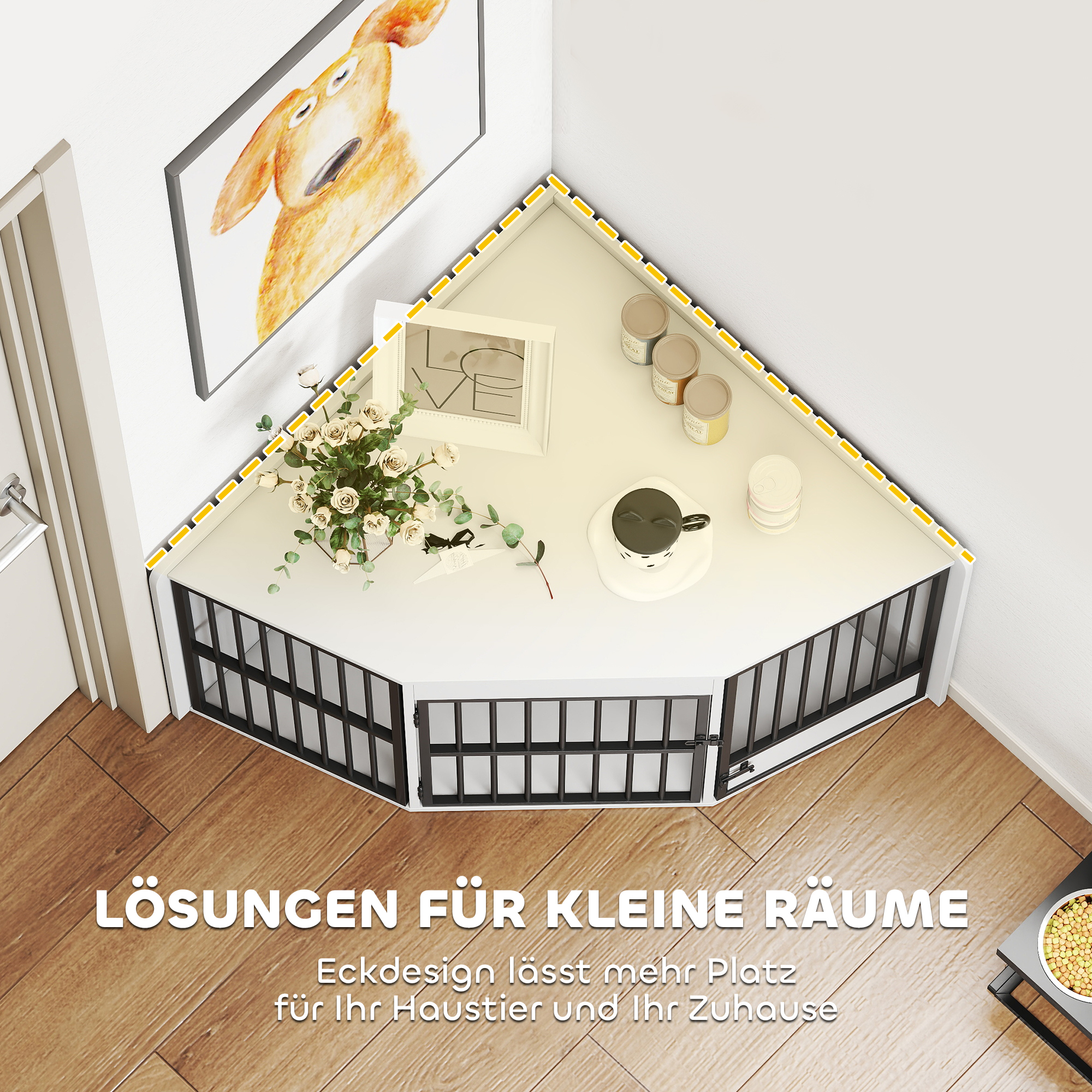 Koerapuur, koerakuut väikestele ja keskmise suurusega koertele, lemmikloomapuur, söögiuks, MDF, metall, valge