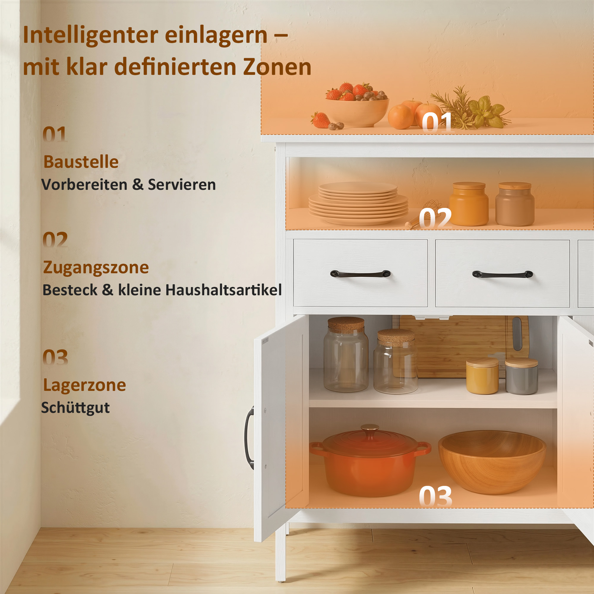 Kummut reguleeritavate riiulitega, buffet-kapp 3 sahtli ja 3 uksega, 95 cm, valge