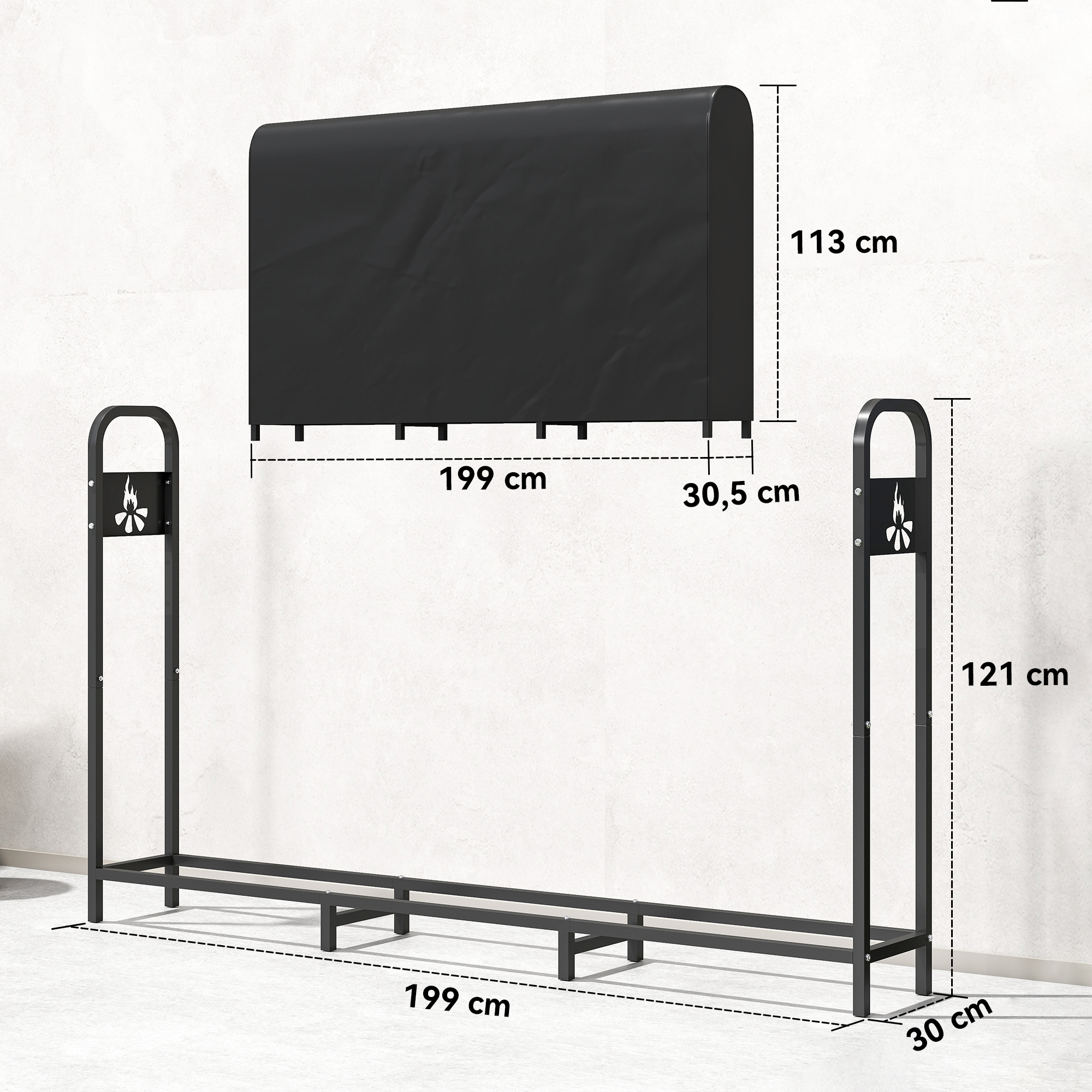 Metallist küttepuude riiul 199 x 30 x 121 cm, küttepuude hoiuruum 0,6 m³ veekindla kattega, kuni 300 kg