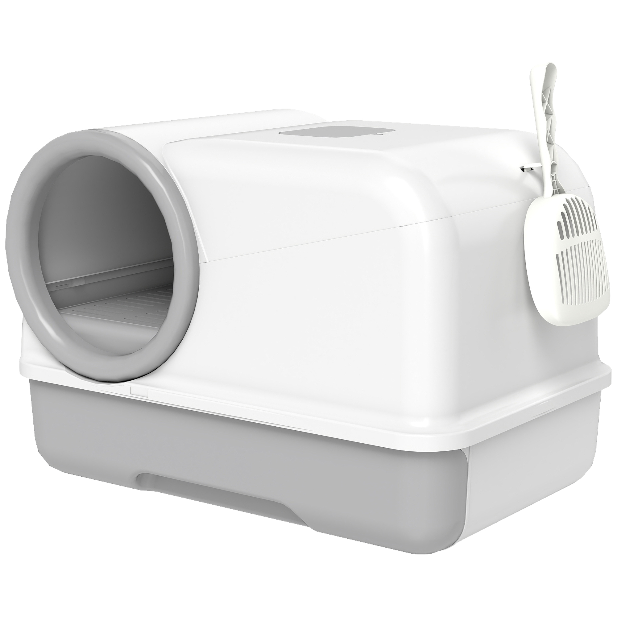 PawHut Katzentoilette mit Deckel Katzenklo mit Haube und Schaufel ausziehbares Tablett 2 Aktivkohlefilter Katzentoilette für Katzen bis 5 kg 59 x 39,5 x 39,5 cm Weiß+Grau Aosom