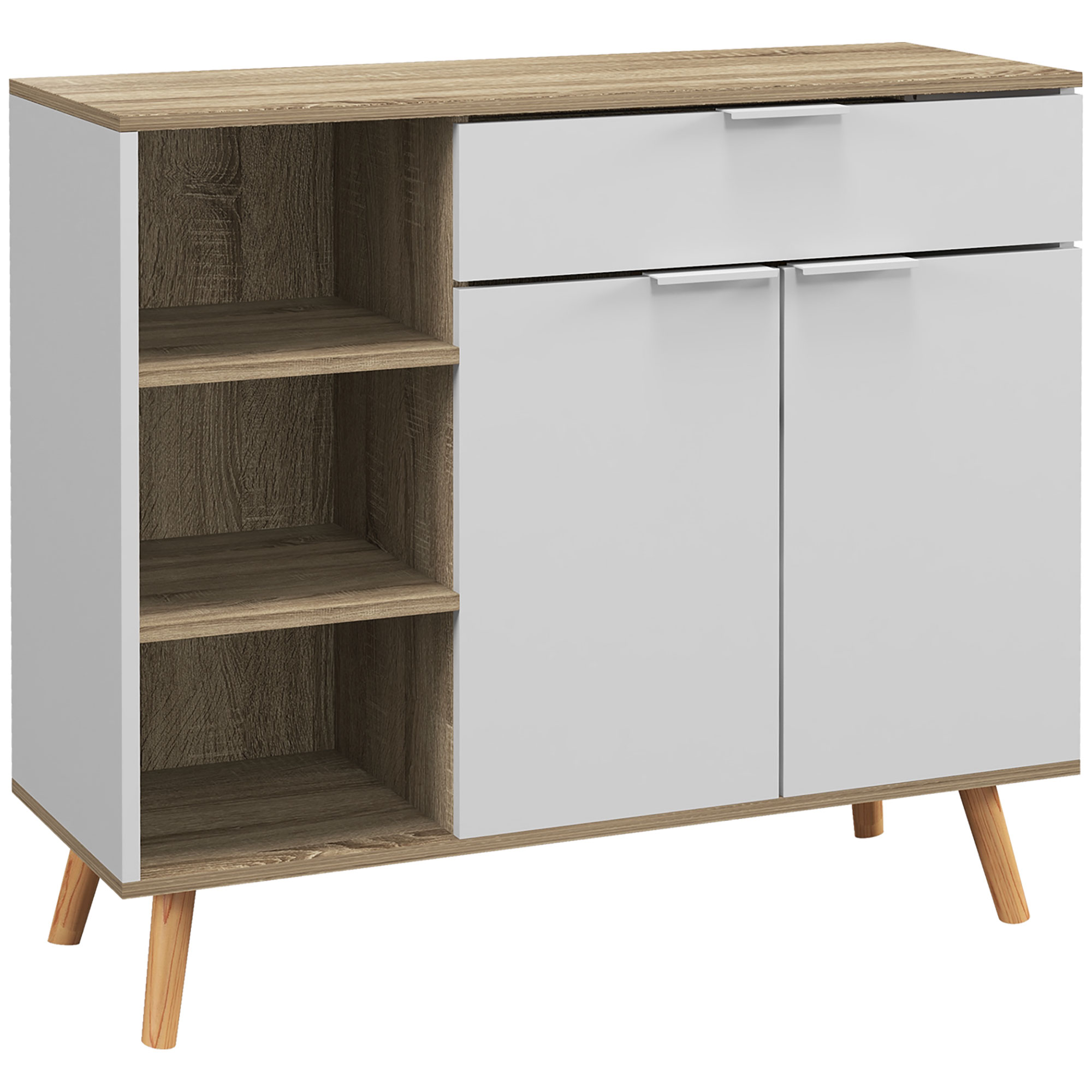 HOMCOM Aparador Blanco y Madera 95x35x85 cm con 1 Cajón 2 Puertas Cierre Suave Estantes Ajustables | Aosom España