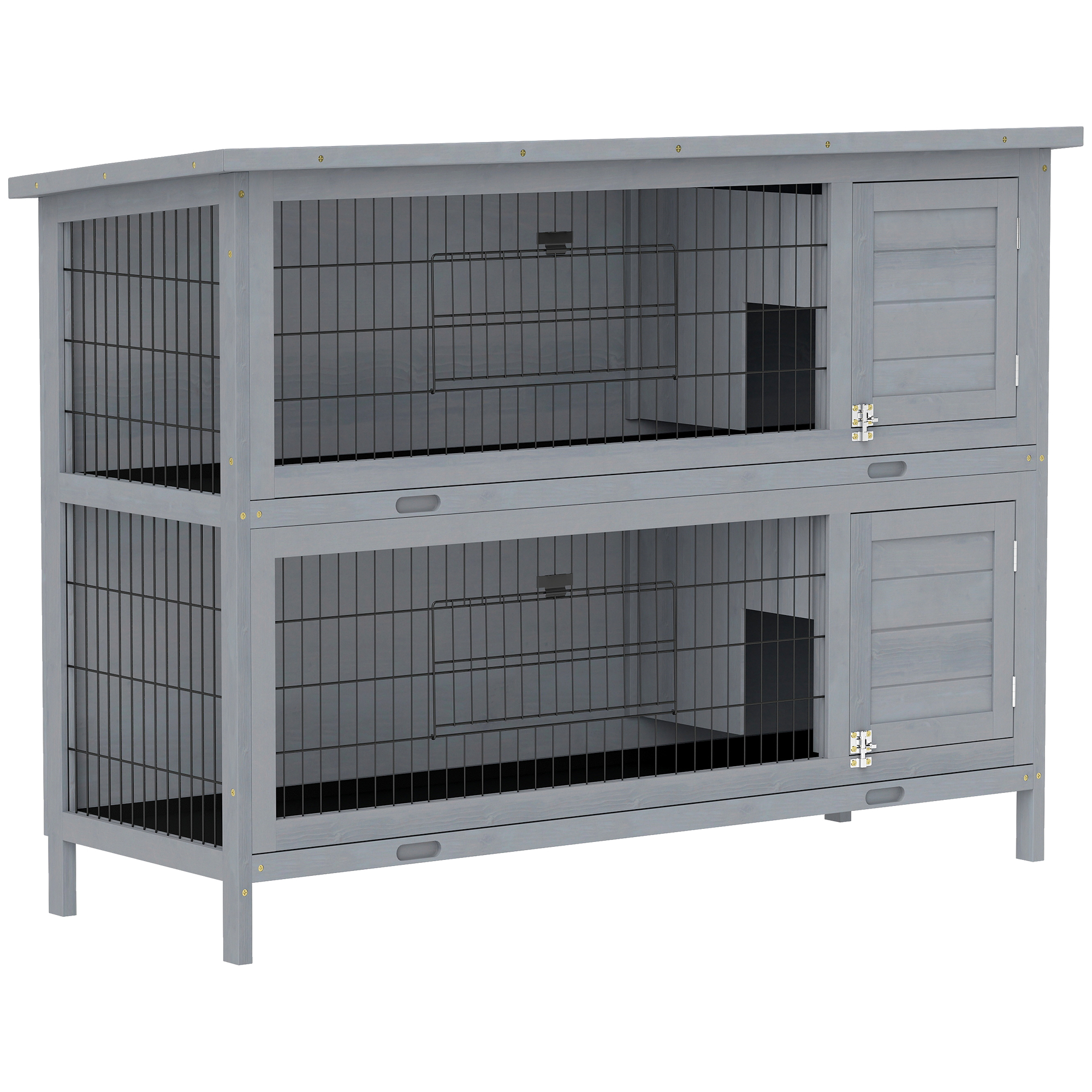 PawHut Hasenstall Kaninchenstall aus Holz mit 2 Etagen Asphaltdach Bodenwanne 136,4 x 50 x 93 cm Winterfest Kleintierstall mit Türen Kaninchenkäfig für Kleintiere Kaninchen Indoor Outdoor Grau   Aosom