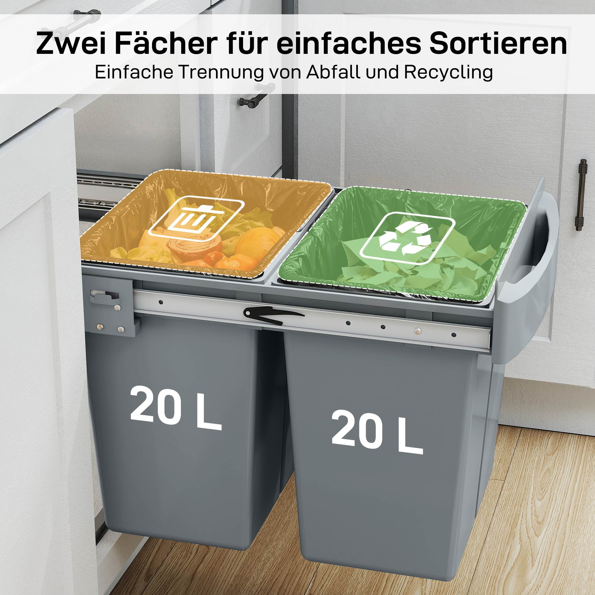 Pikendatav prügikast, 2 x 20 l, eemaldatavad konteinerid, plast, metall, hall