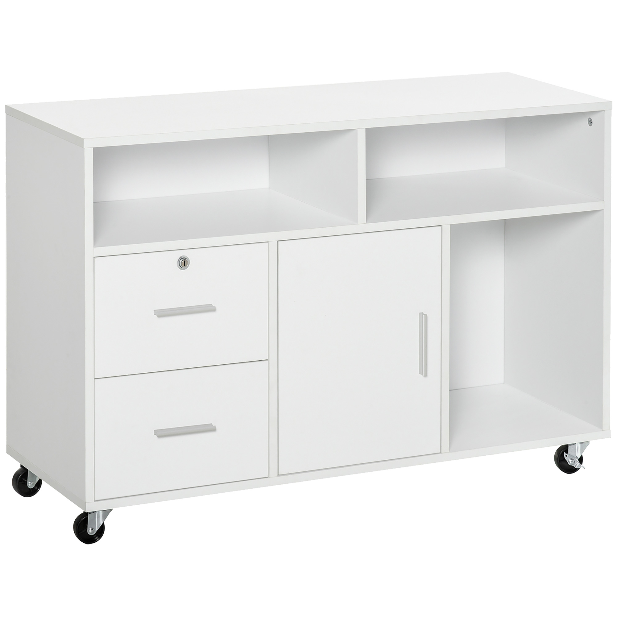 HOMCOM Archivador con Ruedas Estantes y Cajones Mueble Auxiliar de Oficina Armario Multiusos con Gran Almacenaje 100x35x65 cm Blanco | Aosom España