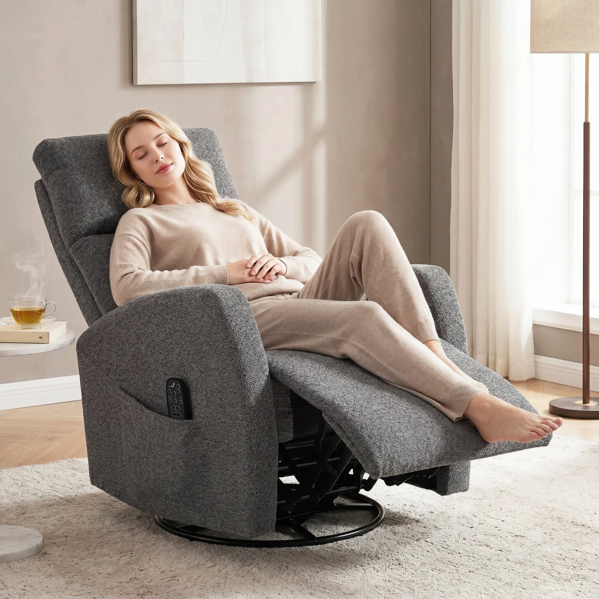 HOMCOM Relaxsessel Fernsehsessel mit Wärme und Vibrationsmassage Drehbarer Massagesessel mit Liegefunktion, Wippfunktion, Seitentasche, TV-Sessel mit Chenille-Optik für Wohnzimmer Dunkelgrau   Aosom