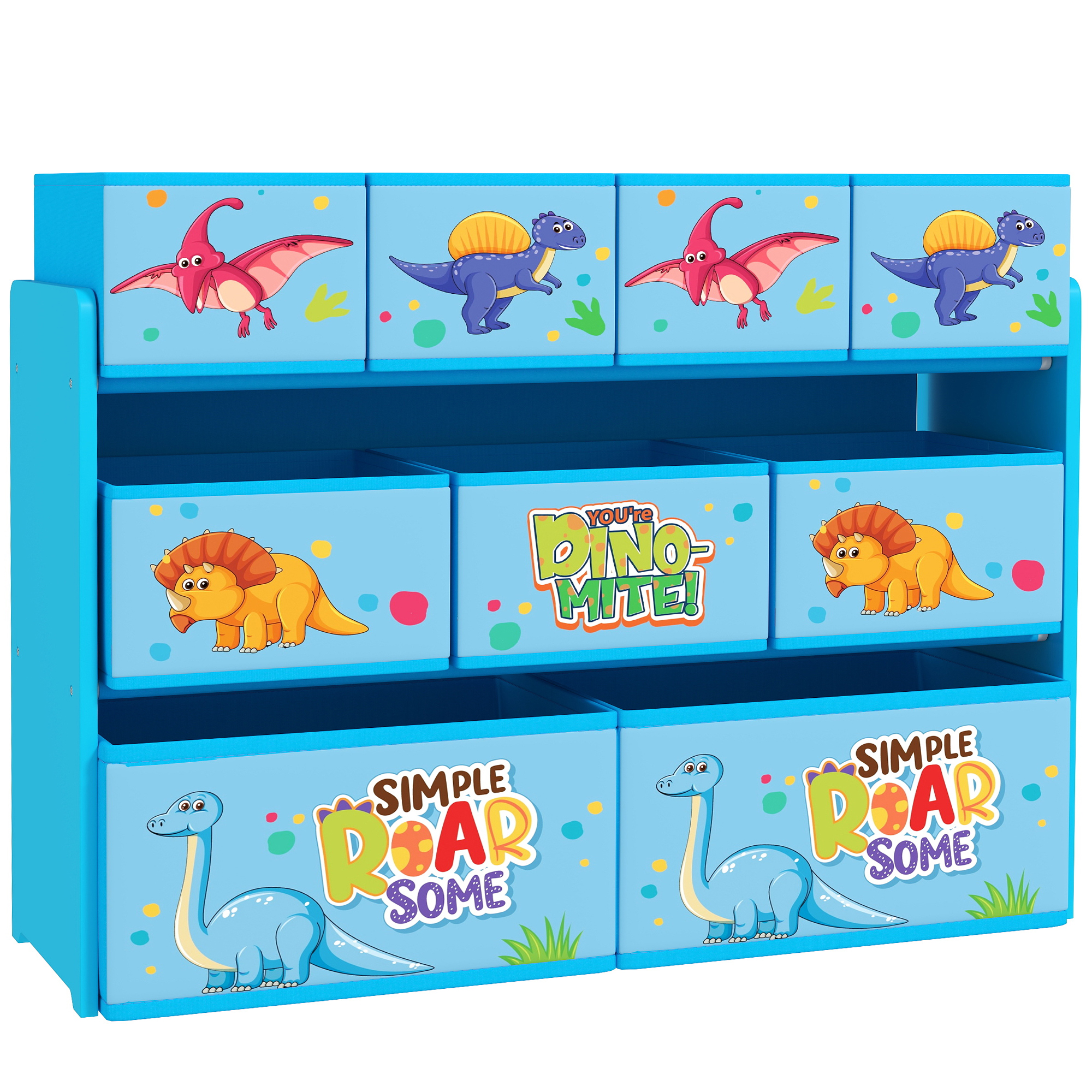 AIYAPLAY 3-Tier Kids Storage Unit with 9 Non-Woven Fabric Boxes for Toys, Books for Bedroom, Nursery, Blue