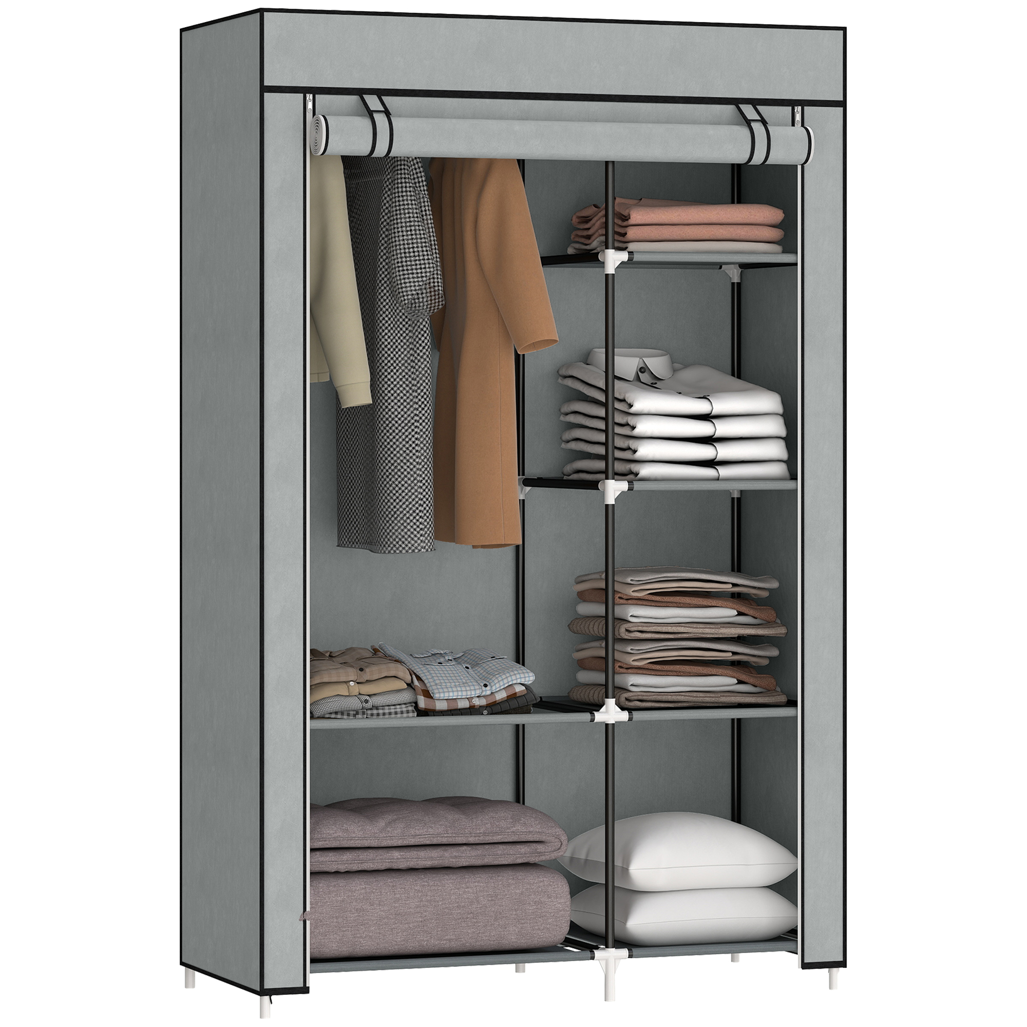 HOMCOM Armario de Tela Plegable Ropero Portátil con 6 Estantes y 1 Barra de Colgar para Dormitorio 103x43x162,5cm Gris | Aosom España