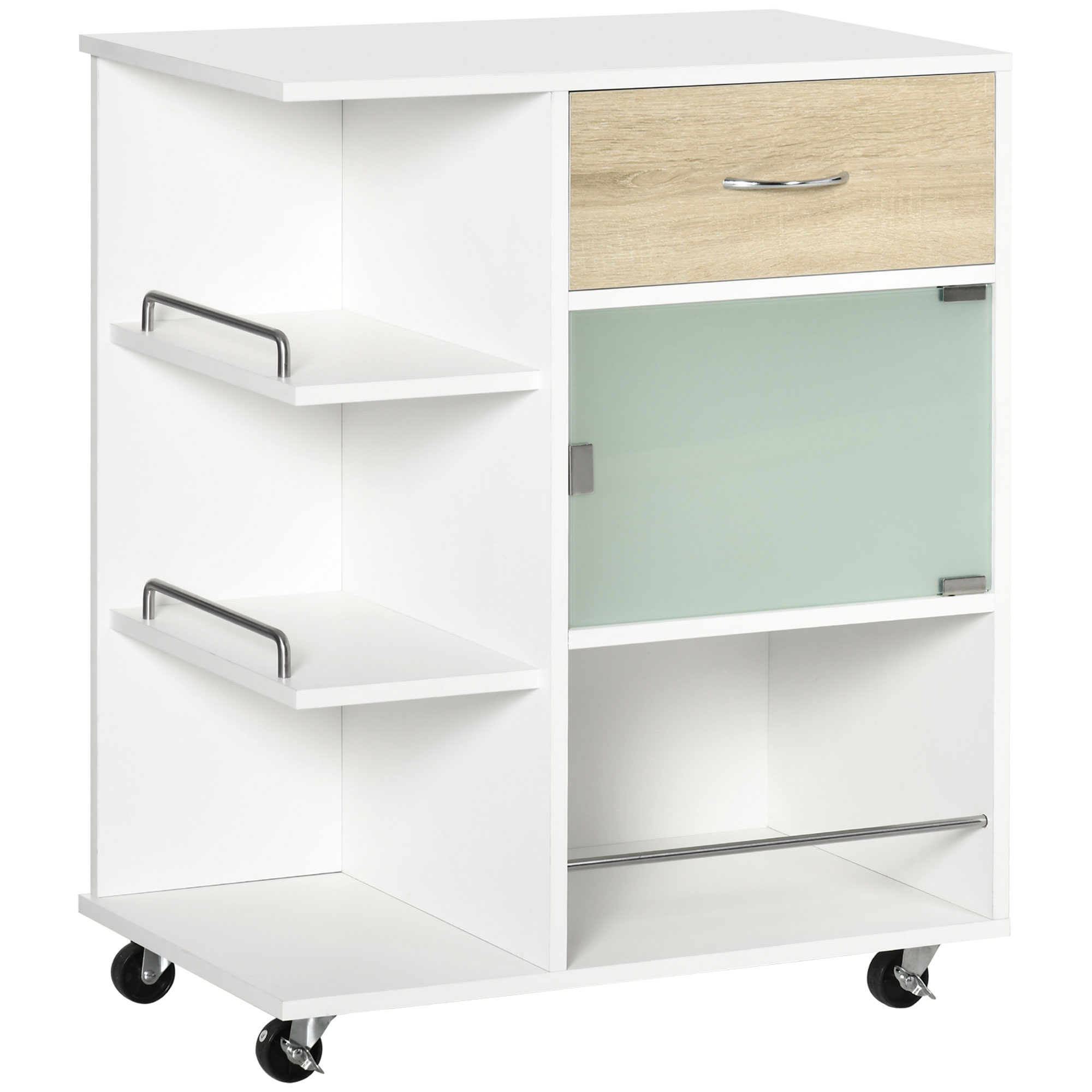 HOMCOM Carrito de Cocina Verdulero con 1 Cajón Puerta de Vidrio y Estantes Carro Auxiliar con Ruedas 65x39x80 cm Natural | Aosom España