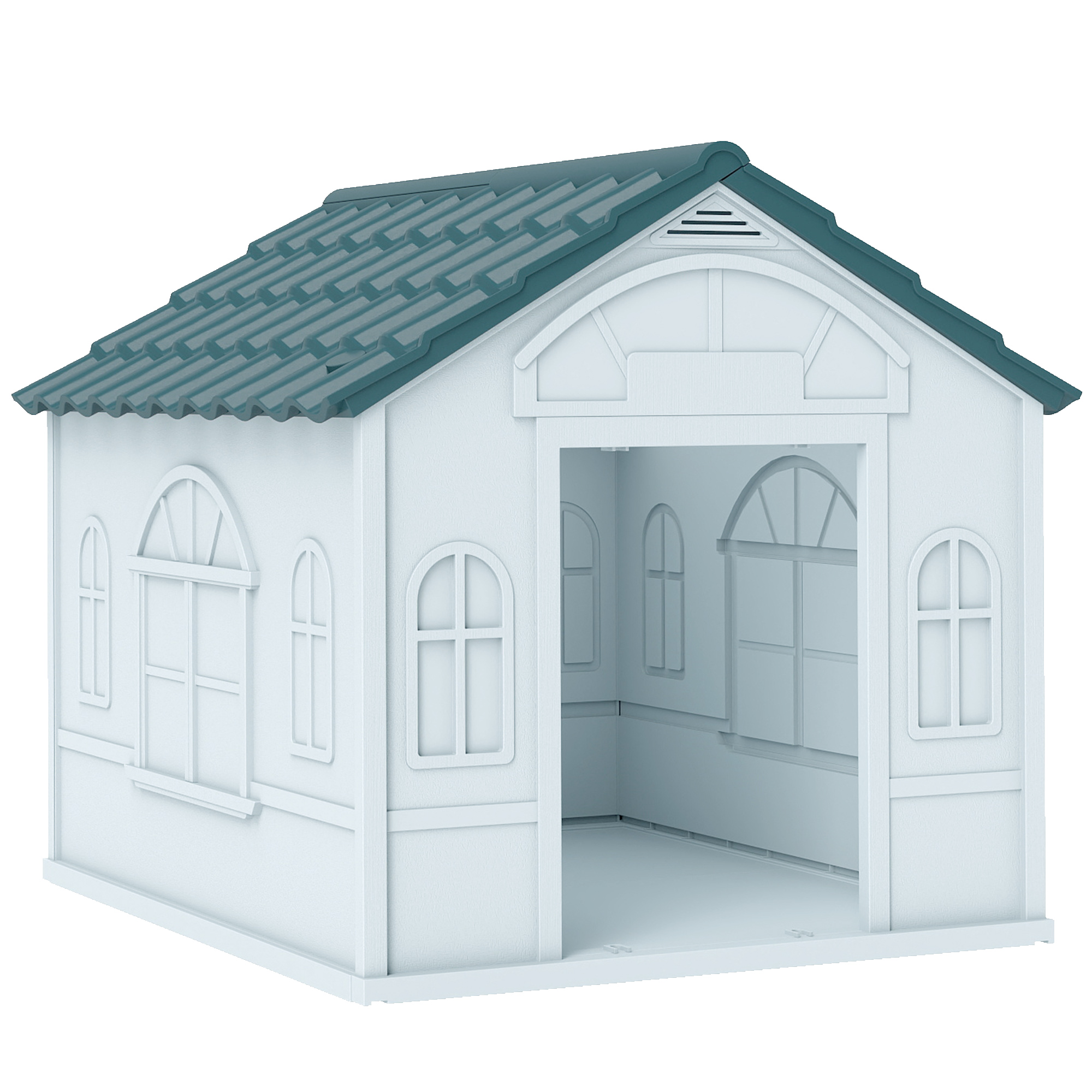 PawHut Casa para Perros con Imitación de Ventana y Tejas para Perros Medianos 65x75,7x63 cm Azul Verdoso y Blanco