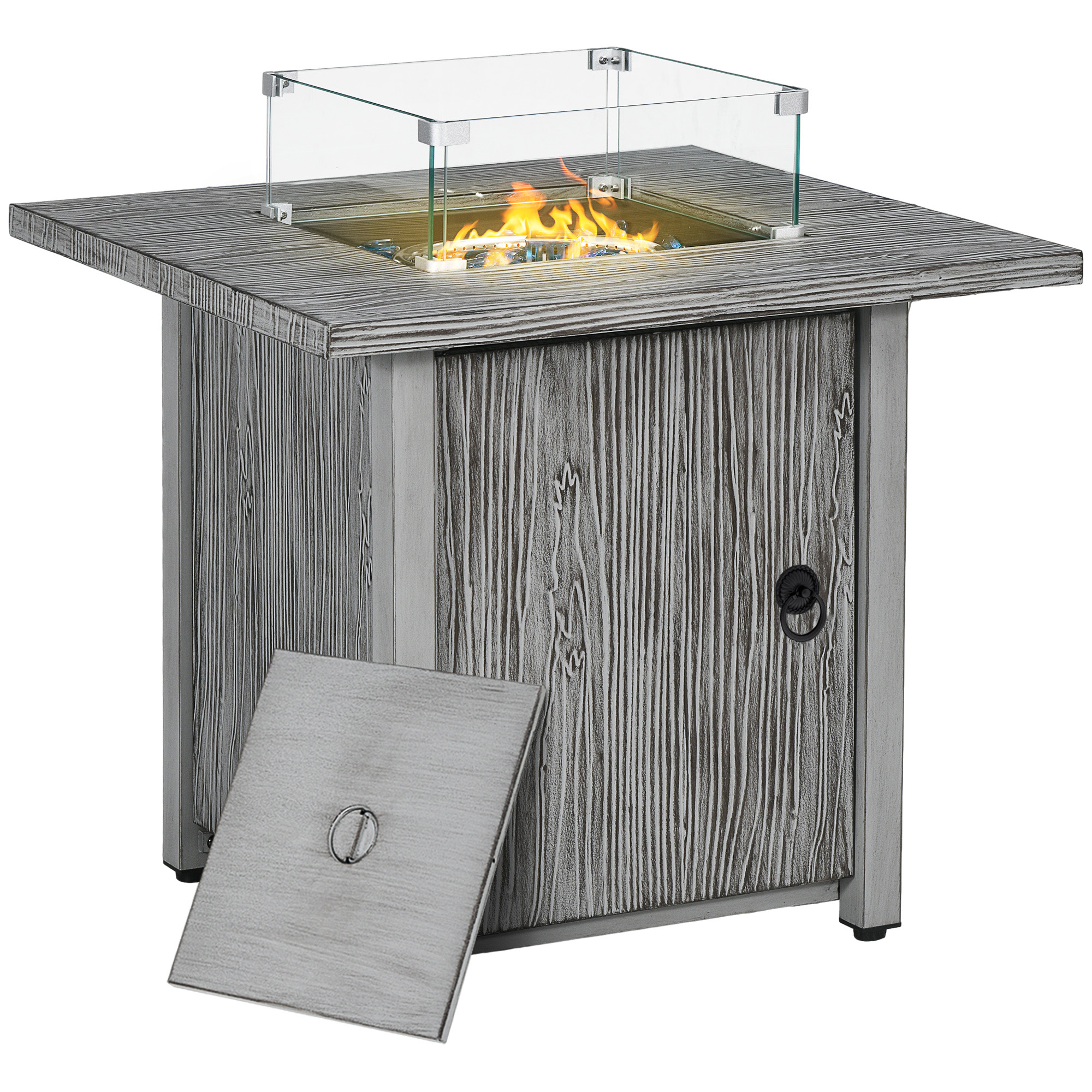 Outsunny 71cm 50,000 BTU Gas Fire Pit Table with Cover and Glass Screen – Grey