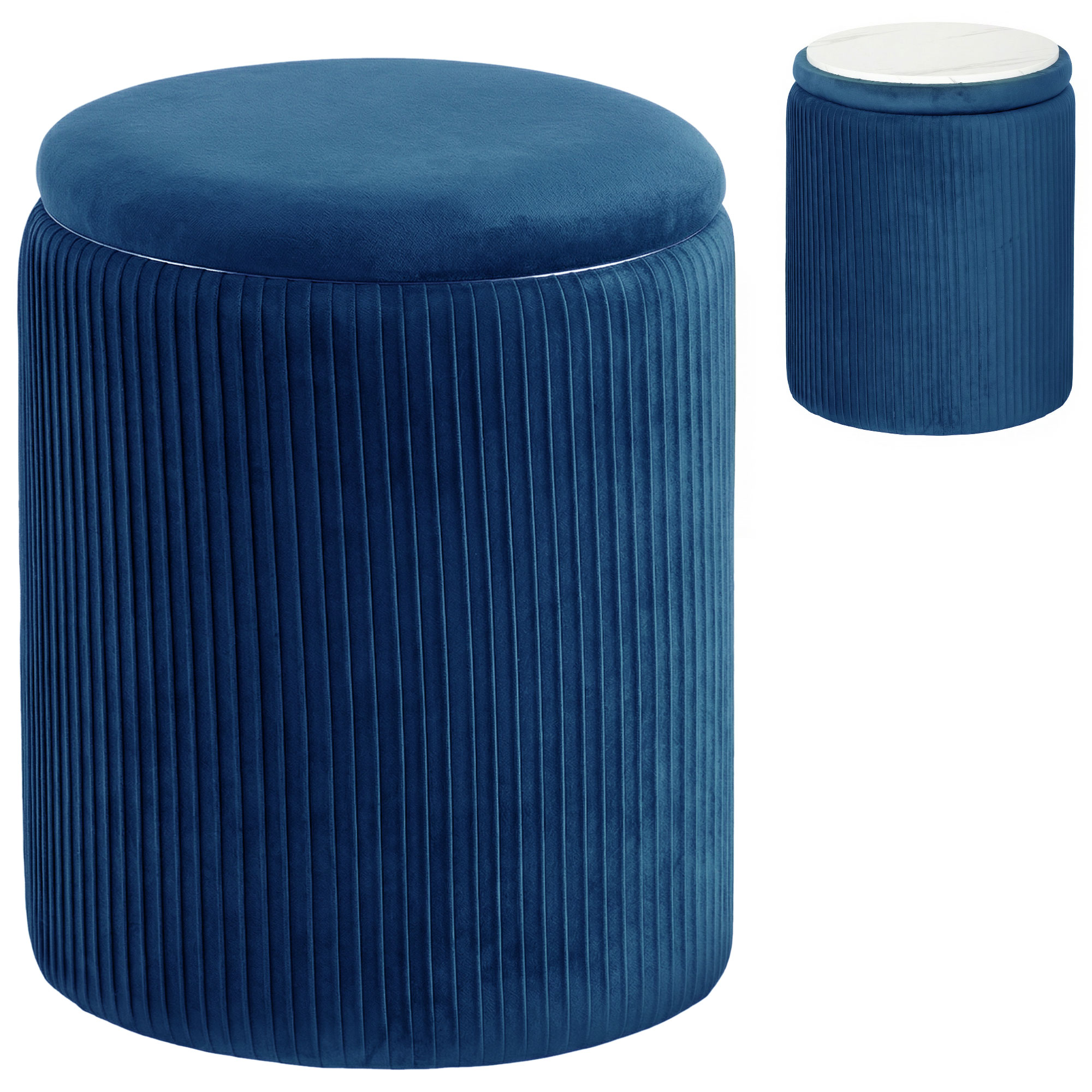 HOMCOM Storage Ottoman Modern Velvet Round Foot Stool for Living Room Bedroom 45 cm Blue