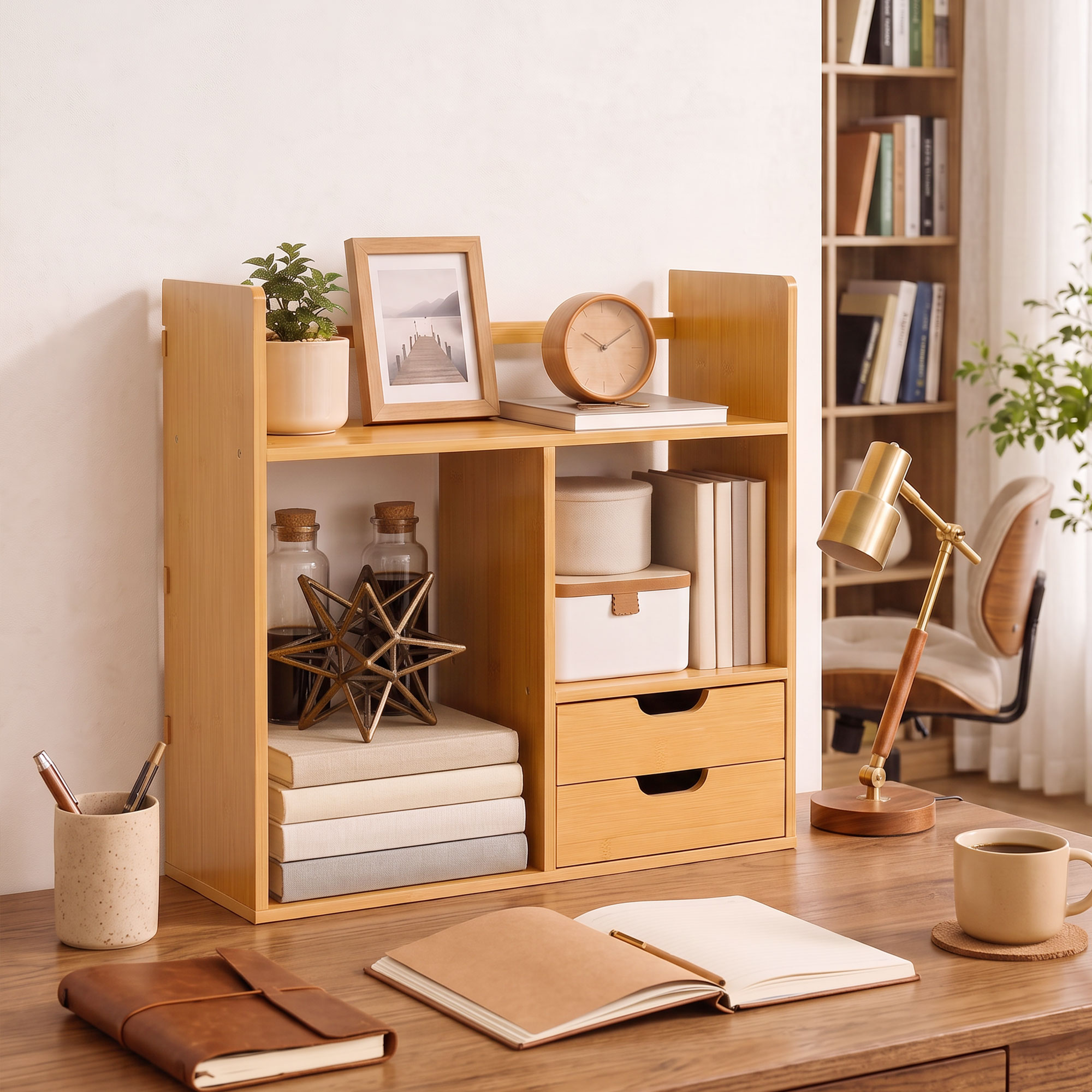HOMCOM Desk Organiser Compartments Desktop Bookshelf Stationery Storage Shelf Document File Holder with 2 Drawers 2-way Reversed Use Bamboo