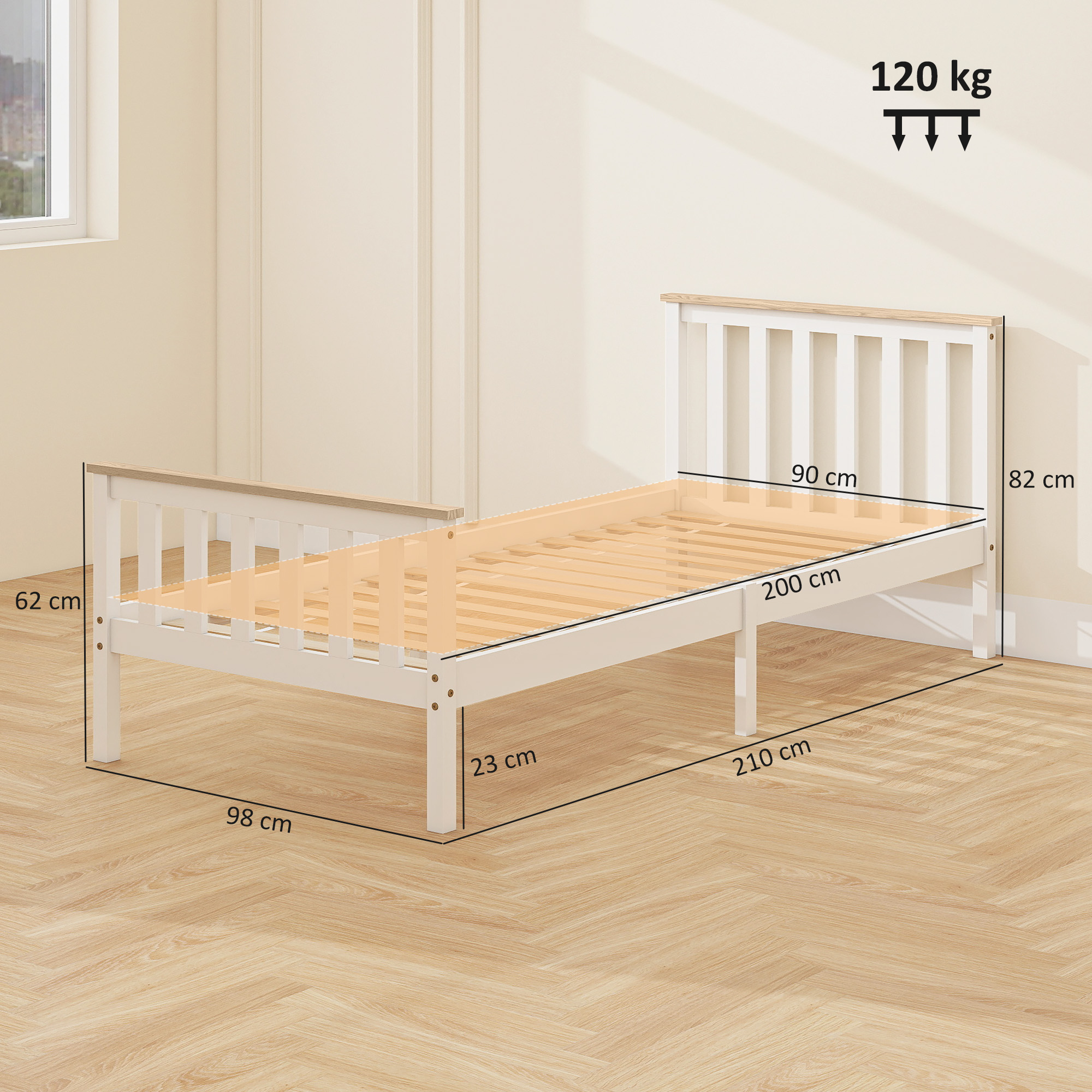 Üheinimesevoodi raam, puidust voodiraam, madalam panipaik, naturaalne puit, valge
