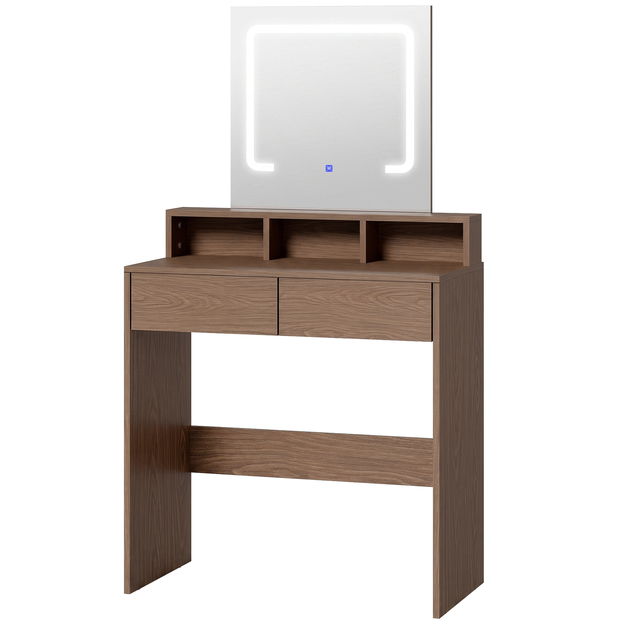 Homcom Walnut Brown Vanity Table, Dressing Table With Mirror, Led Lights, 2 Drawers, 3 Compartments, 3 Colour Lighting, Walnut