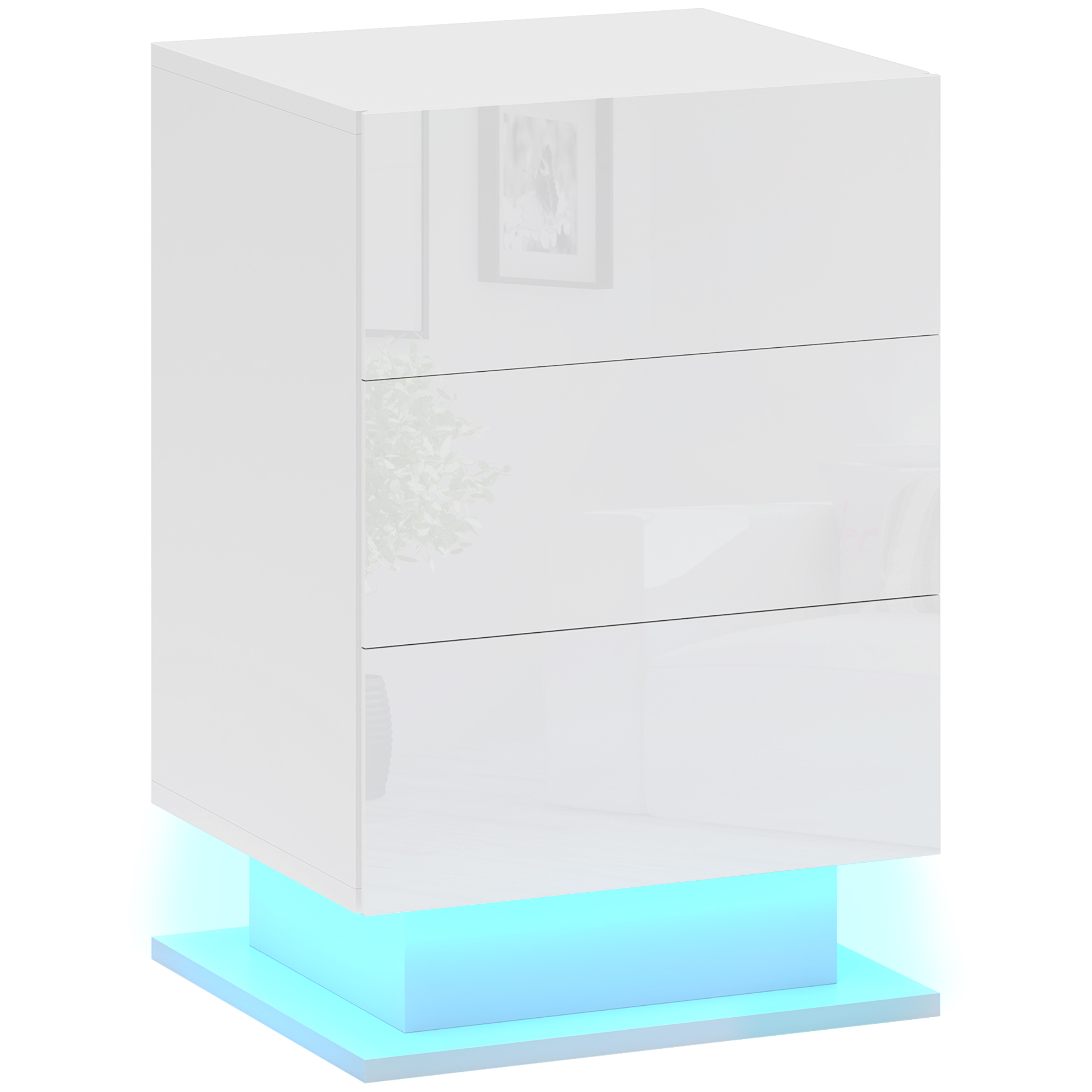 HOMCOM Mesita de Noche con LED RGB 3 Cajones y Mando a Distancia Diseño Moderno 40x35x60 cm Blanco Brillo