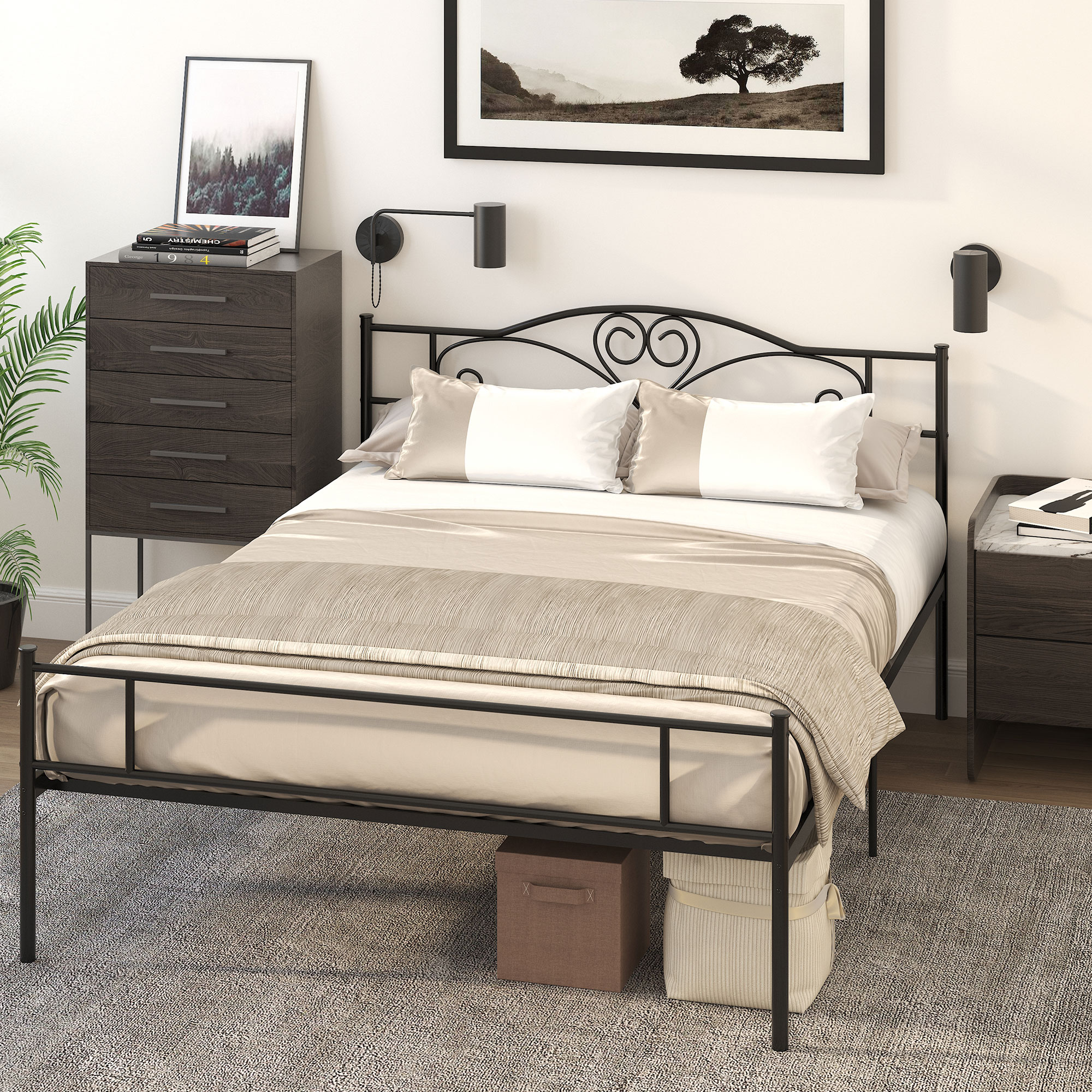 Metallist voodiraam peatsiga, kandevõime 300 kg, 145 P x 211 L x 106 K cm, must