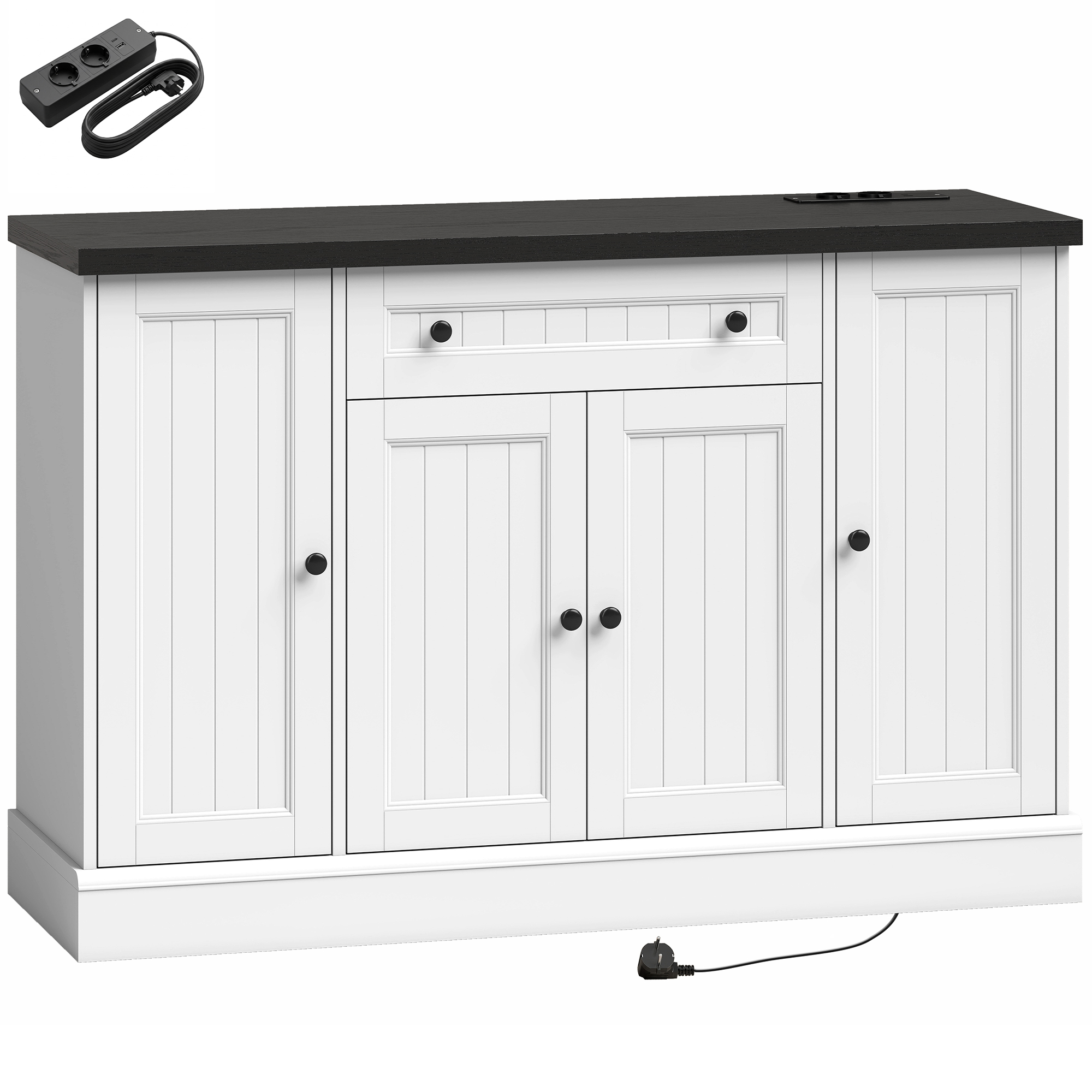 HOMCOM Sideboard mit Ladestation, Aufbewahrungsschrank mit 4 Türen, Schublade, verstellbare Regale und breite Arbeitsfläche, Landhausstil, Esszimmer & Küche, 120x40x80 cm, Weiß und Schwarz Aosom