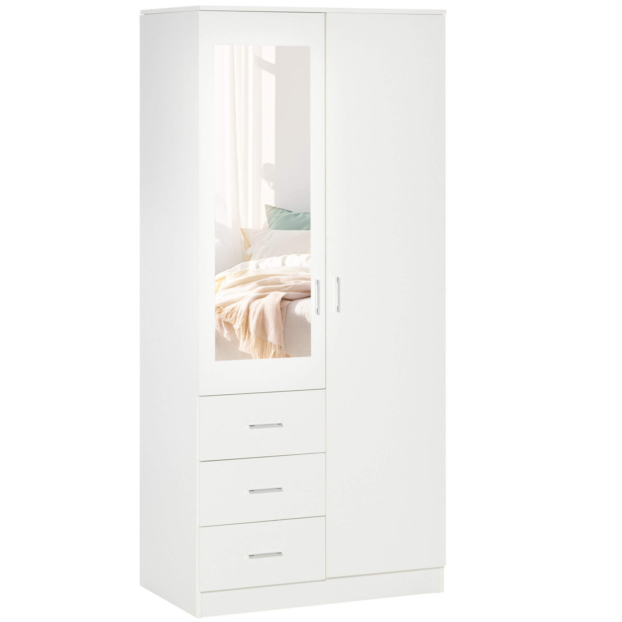 HOMCOM Mirror Wardrobe with 2 Doors, Adjustable Shelf, 3 Drawers, Home Storage, 80W x 50D x 180H cm, White