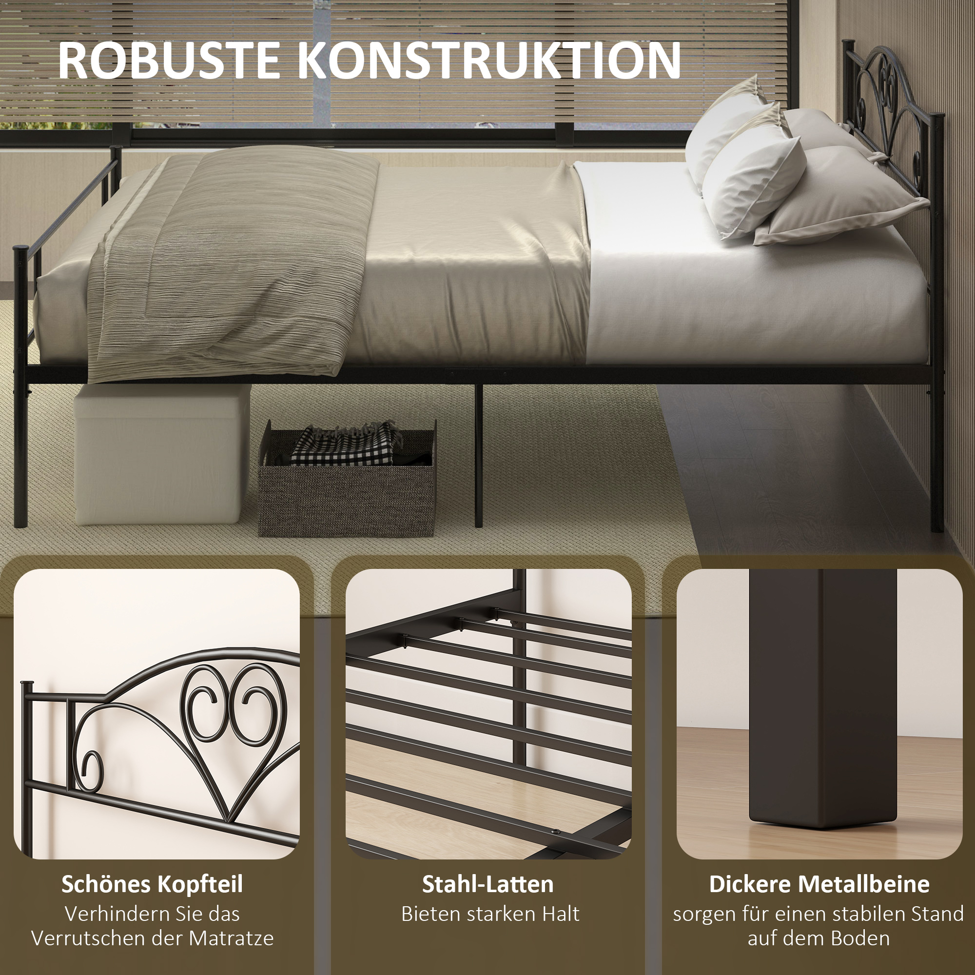 Metallist voodiraam peatsiga, kandevõime 300 kg, 145 P x 211 L x 106 K cm, must