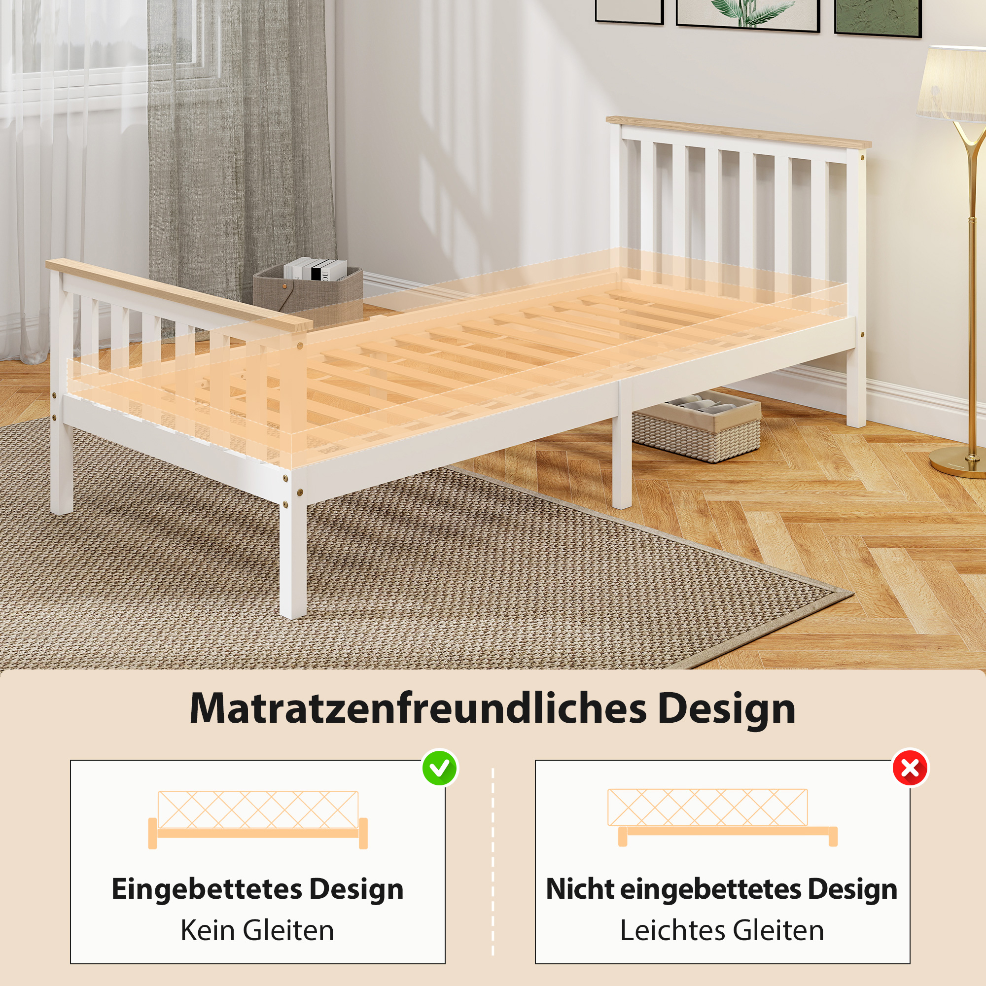 Üheinimesevoodi raam, puidust voodiraam, madalam panipaik, naturaalne puit, valge