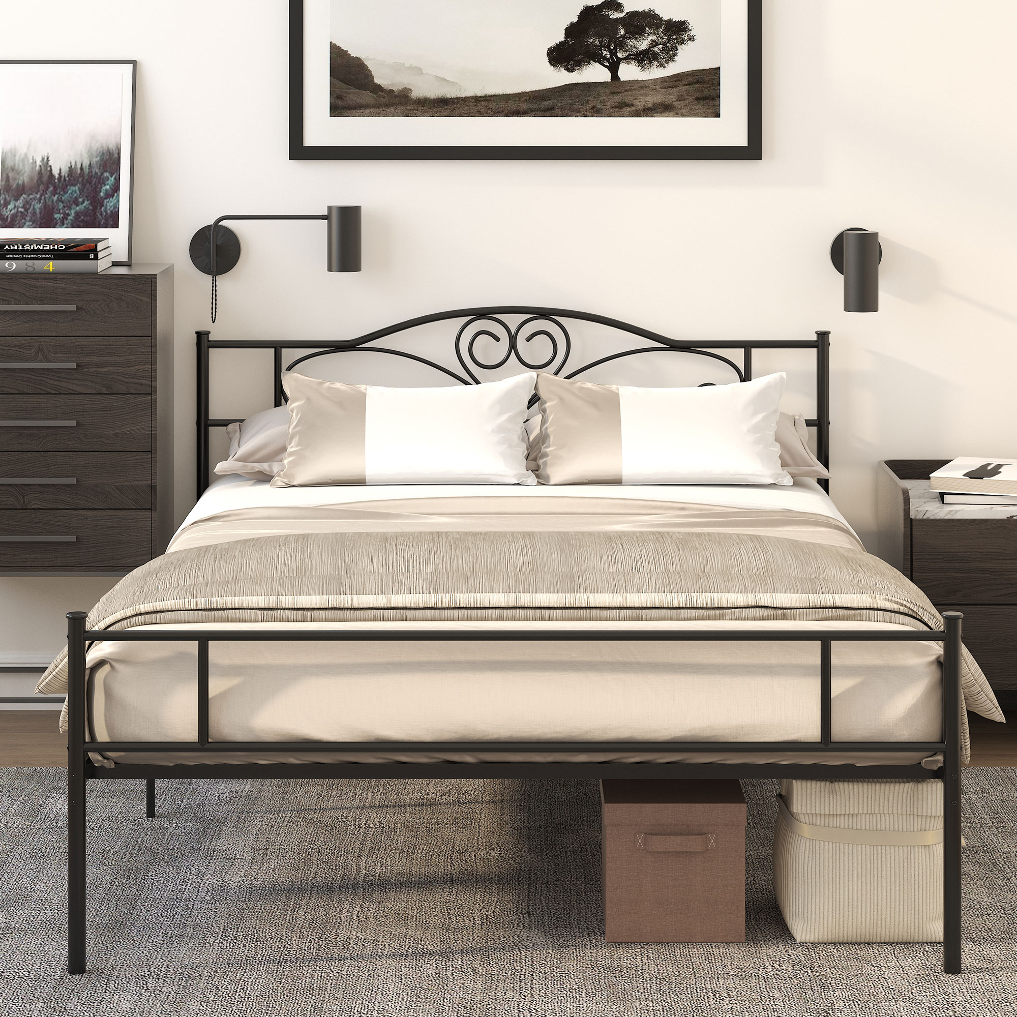 Metallist voodiraam peatsiga, kandevõime 300 kg, 145 P x 211 L x 106 K cm, must