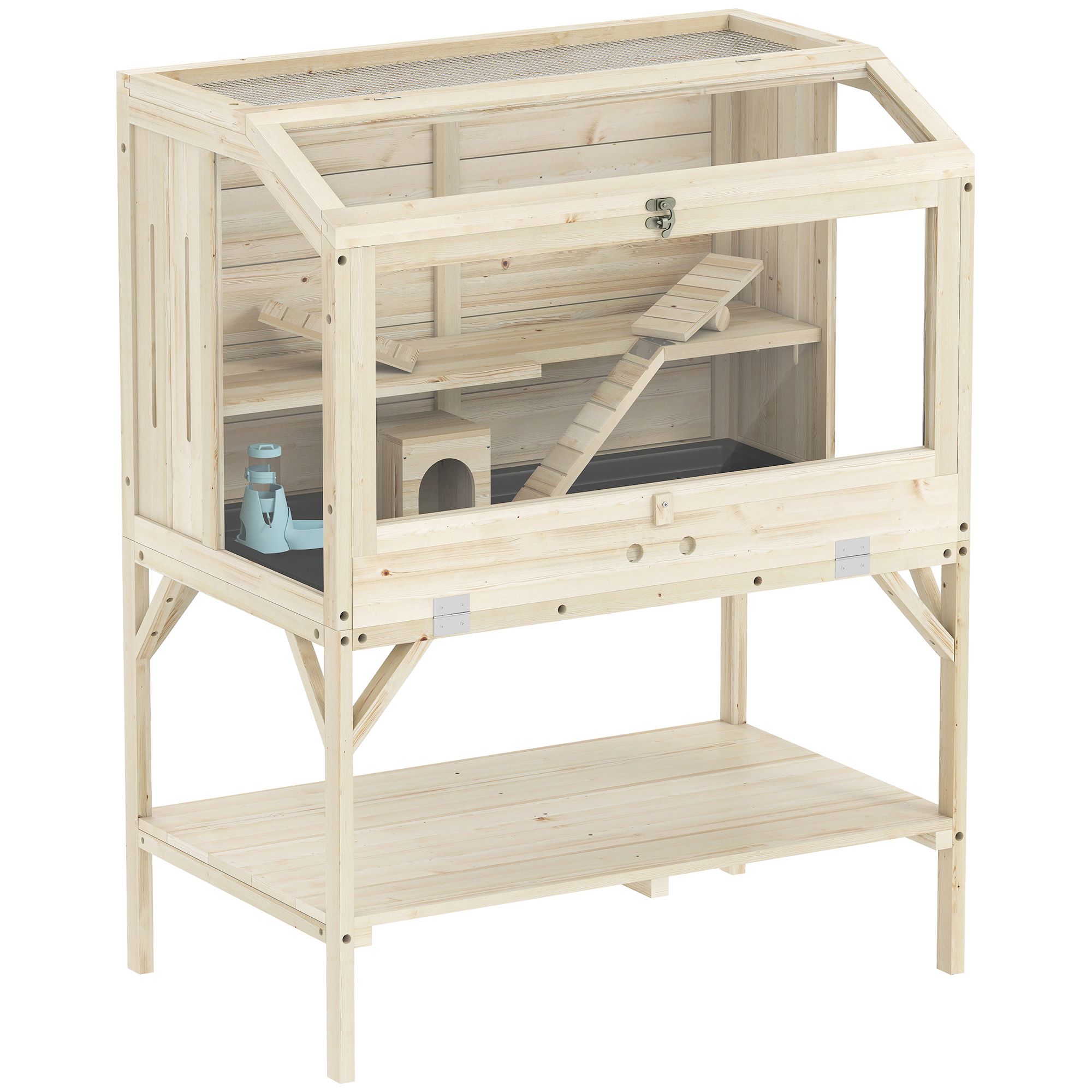 PawHut Hamsterkäfig aus Holz 2 Etagen mit Ablagefach, zu öffnendem Deckel, Tablett, Wippen, Rampe, Nagarium, Kleintierkäfig mit Laufrad und Hütte, 84 x 53 x 110 cm, Natur Aosom