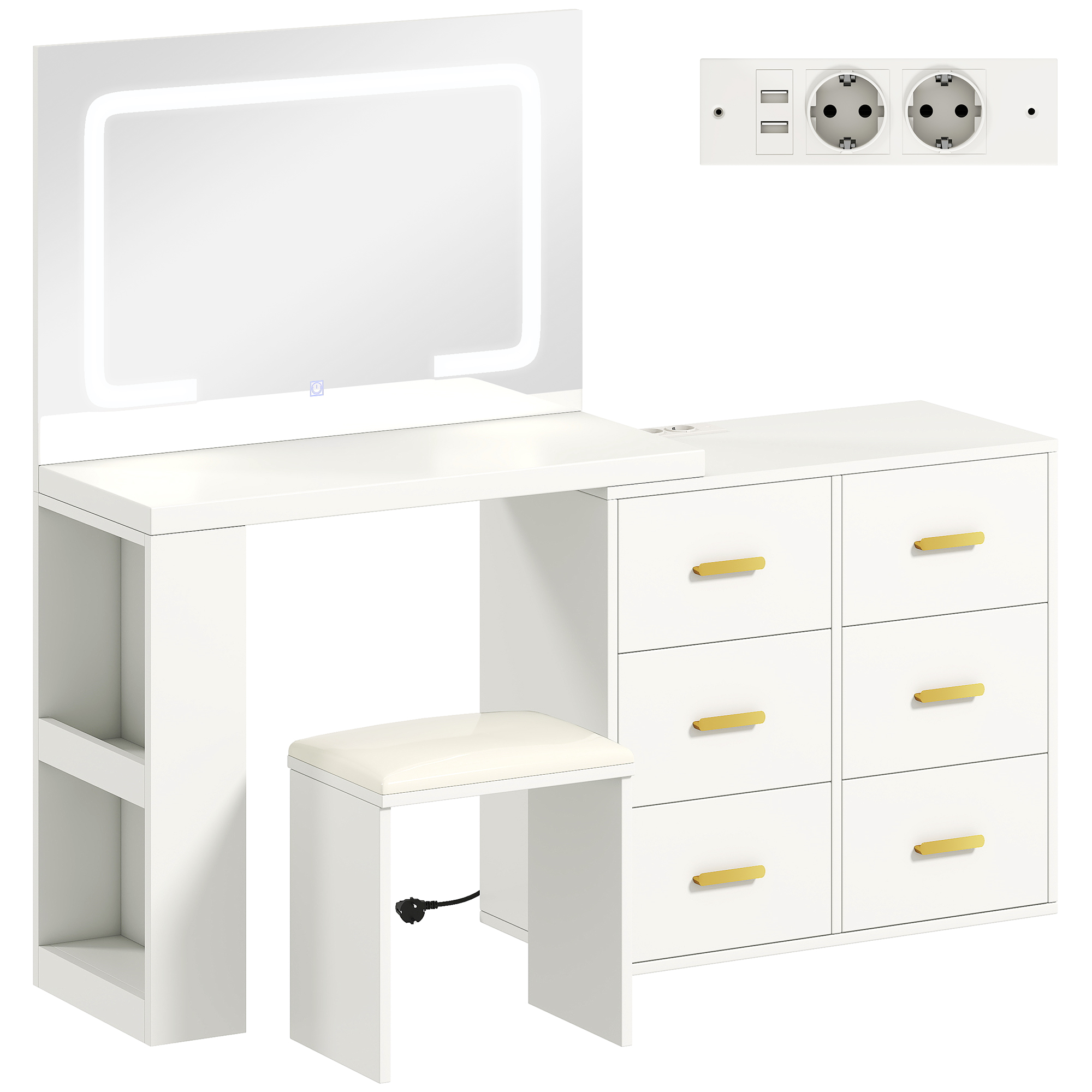 HOMCOM Coiffeuse avec miroir et tabouret, table de maquillage avec éclairage LED réglable, 6 tiroirs, 118 x 78 x 135 cm, blanc HOMCOM Coiffeuse avec miroir et tabouret, table de maquillage avec éclairage LED réglable, 6 tiroirs, 118 x 78 x 135 cm, blanc