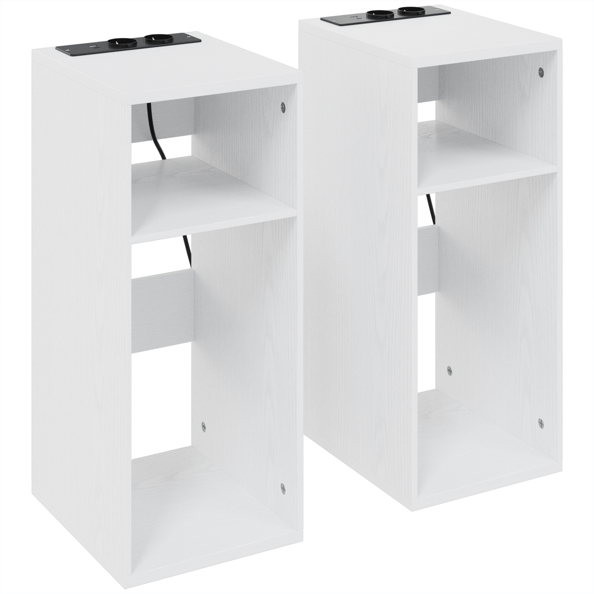 HOMCOM Set aus 2 Beistelltischen für Wohnzimmer mit Ladestation, schmale Beistelltische mit 2 Steckdosen, 2 USB-Anschlüssen und offenen Regalfächern, Weiß Aosom