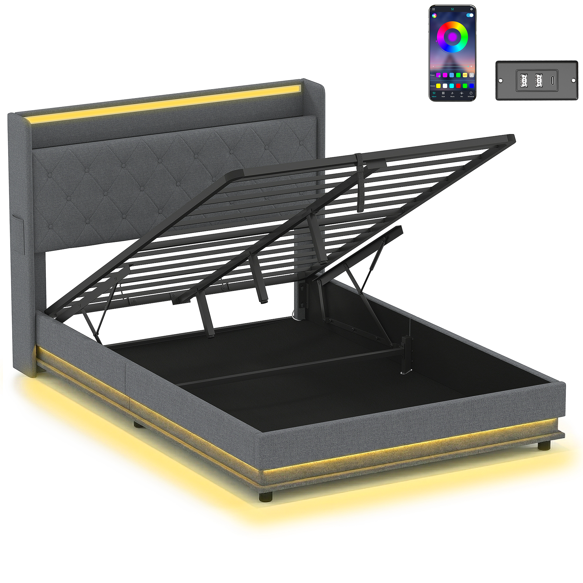 HOMCOM Bett 140x200 cm Bettgestell mit USB-A- und USB-C-Anschluss, RGB LED-Beleuchtung, Metallbett mit gepolstertem Kopfteil, offenem Regal, Unterbettaufbewahrung Doppelbett, Grau Aosom