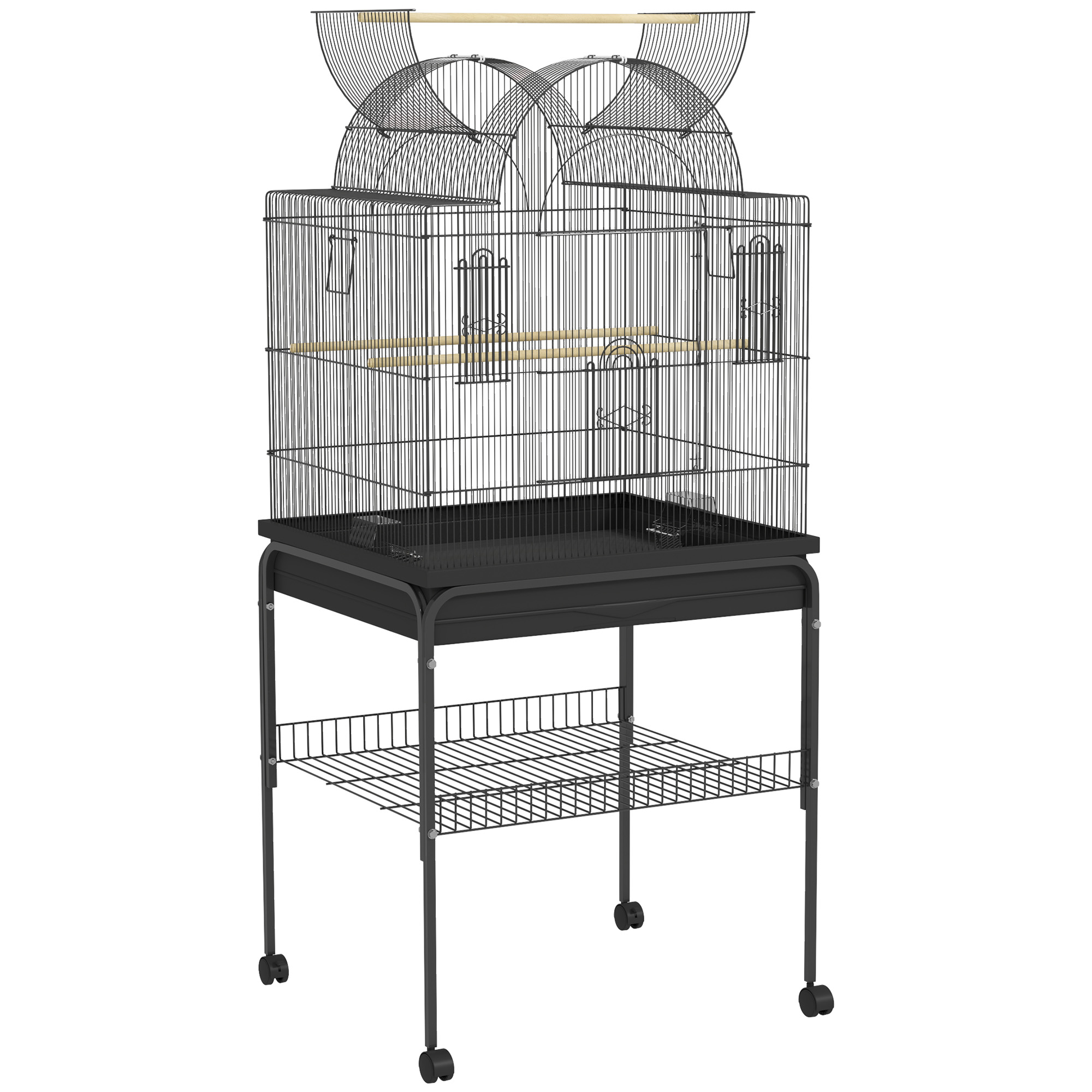 PawHut Vogelkäfig groß Wellensittichkäfig mit Tablett, Ablagefläche, Futterstation, Vogelhaus mit Rollen für Kanarienvögel, Stahl 63 x 53 x 144 cm Schwarz Aosom