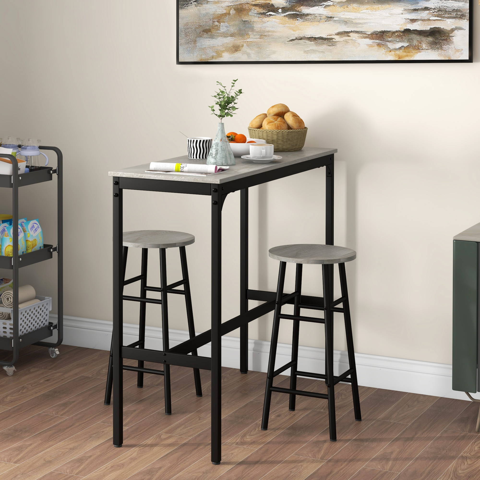 HOMCOM 3 Piece Bar Set with 2 Stools, Industrial Kitchen & Chair Set Grey - Image 5