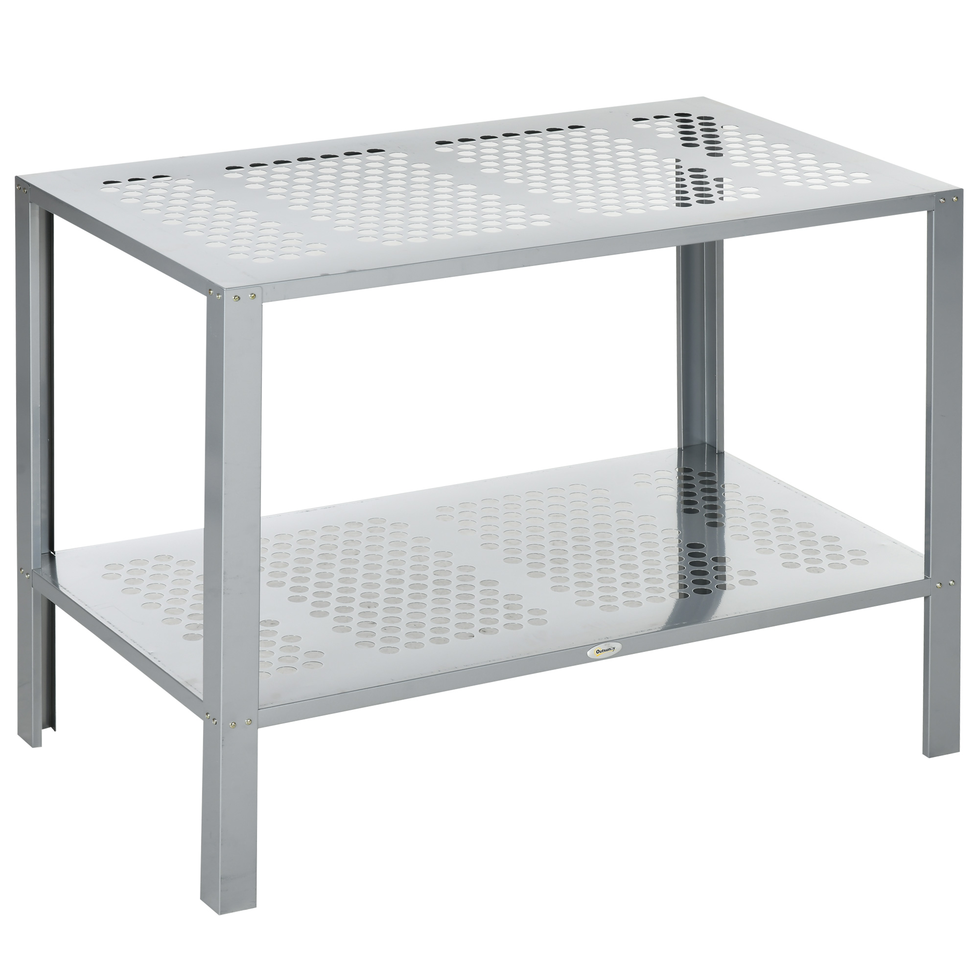 Outsunny 2-Tier Plant Stand, Corner Plant Shelf for Outdoor and Indoor Storage Organizer, Freestanding Flower Rack with Steel Frame, Mesh Board, Silver Outsunny 2-Tier Plant Stand, Corner Plant Shelf for Outdoor and Indoor Storage Organizer, Freestanding Flower Rack with Steel Frame, Mesh Board, Silver