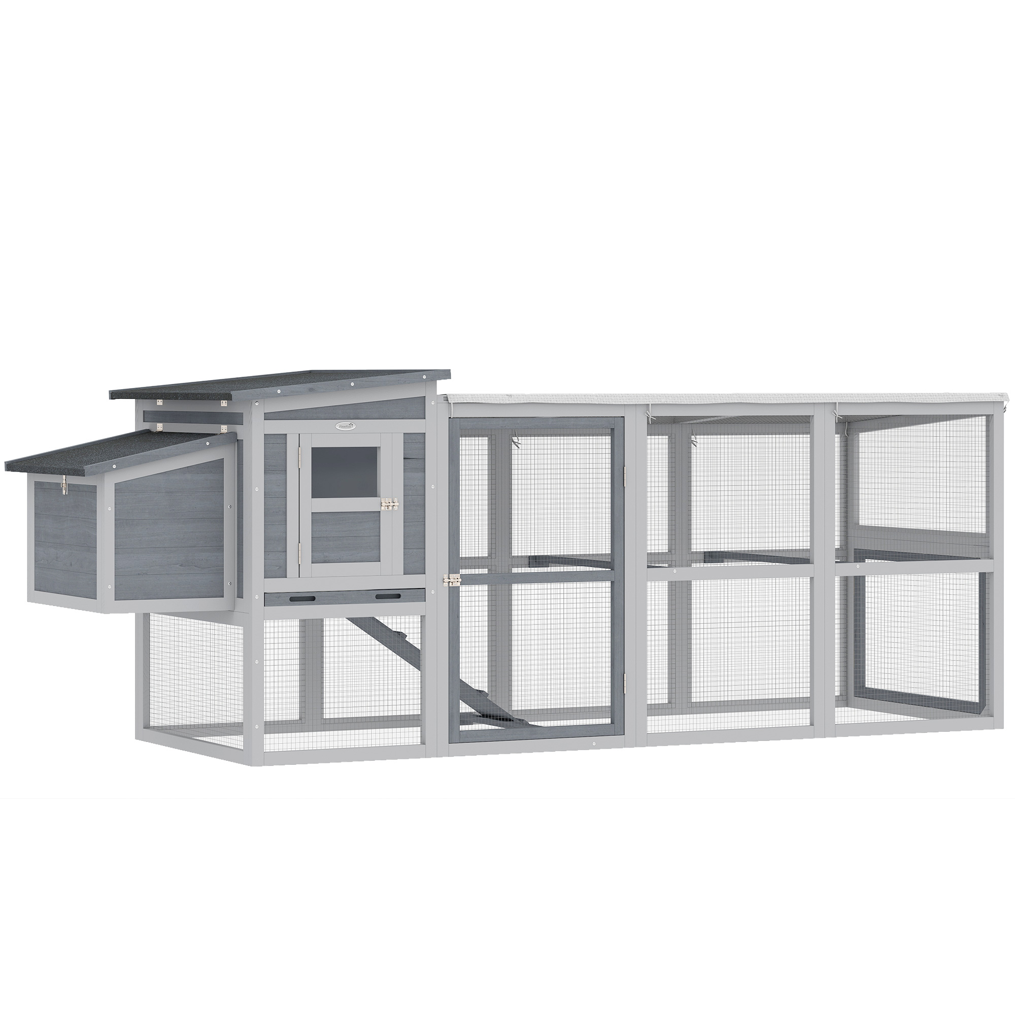 PawHut Hühnerstall Hühnerhaus für 3-4 Hühner 264x82x89 cm Hühnervoliere aus Holz mit Auslauf Nistkasten Asphaltdach Hühnergehege mit Oxford-Abdeckung Sitzstangen Auszugsschublade Rampe Grau Aosom