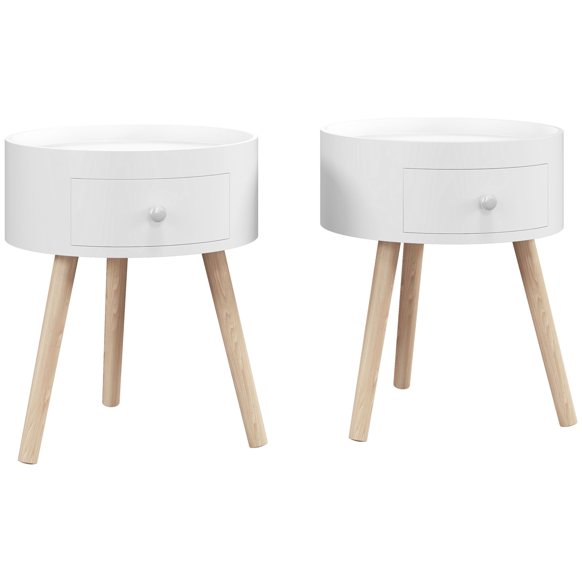HOMCOM Modern Side Table, Small Coffee Table, Round Bedside Table with Drawer and Wood Legs for Living Room, Bedroom, Set of 2, White   Aosom UK