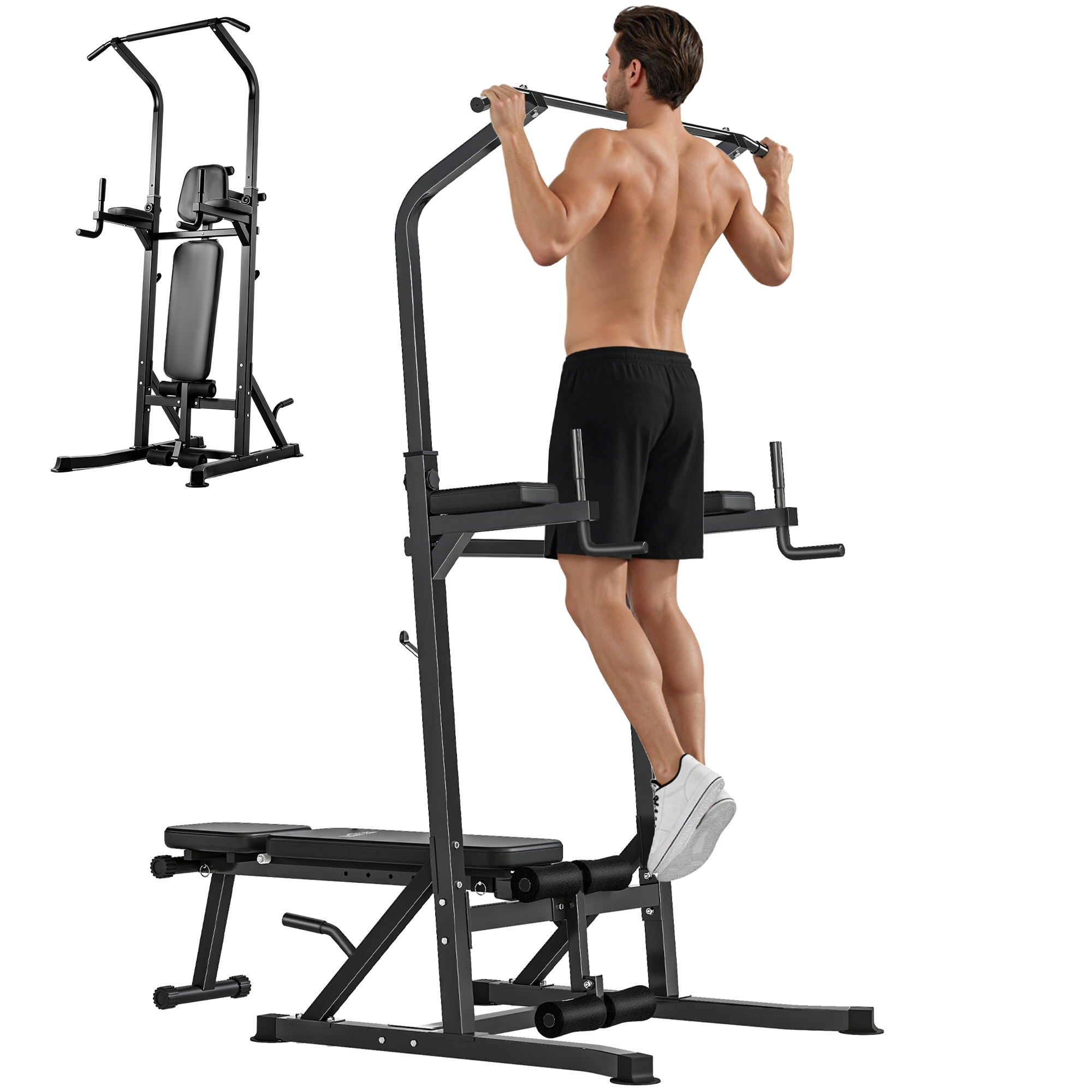 HOMCOM Estación de Musculación Torre de Entrenamiento Altura Ajustable con Barra de Dominadas y Banco Plegable 150kg 99x178x230cm Negro | Aosom España