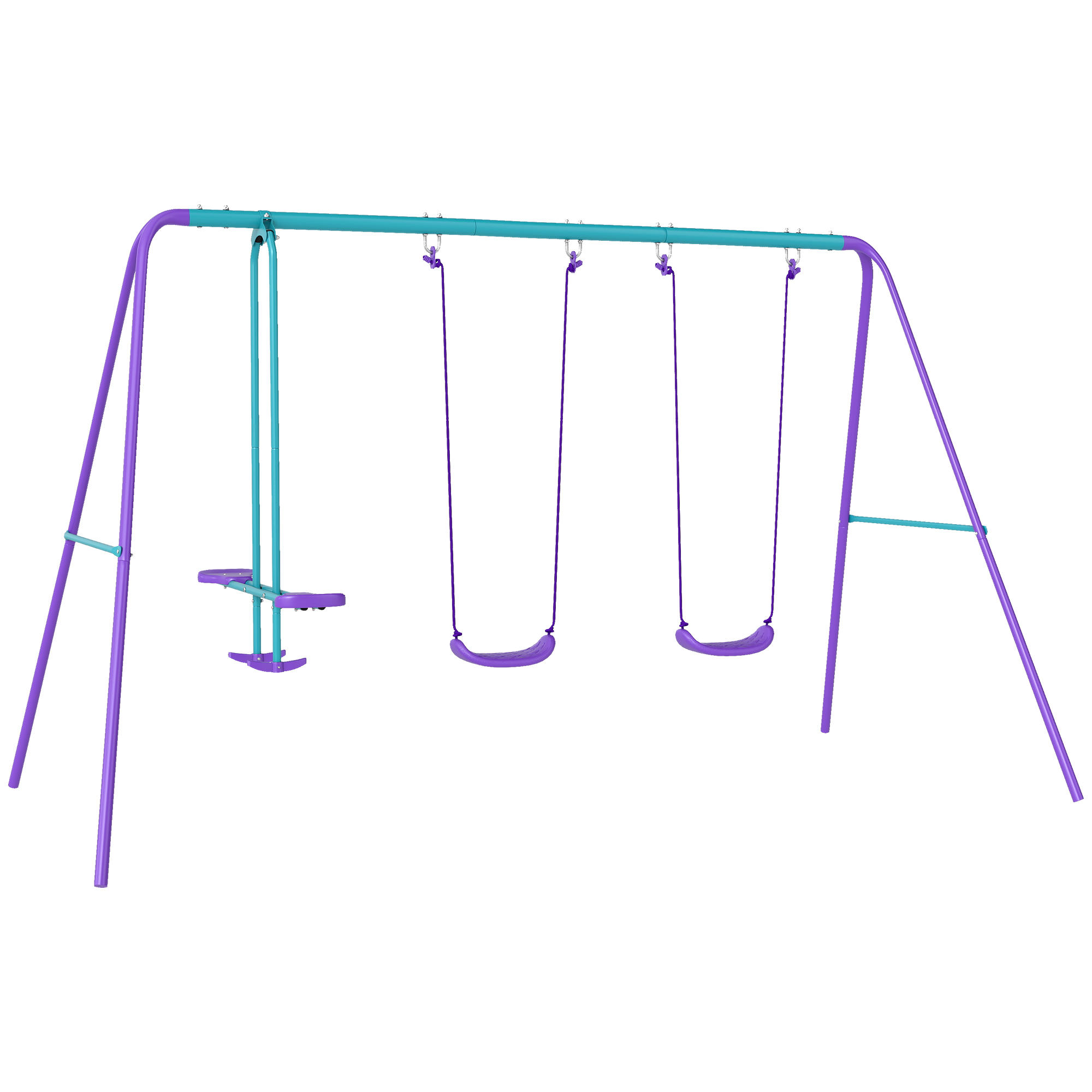 Outsunny Juego de Columpios de Jardín de Metal con Altura Ajustable 2 Columpios y Balancín 280x140x176 cm Morado y Azul