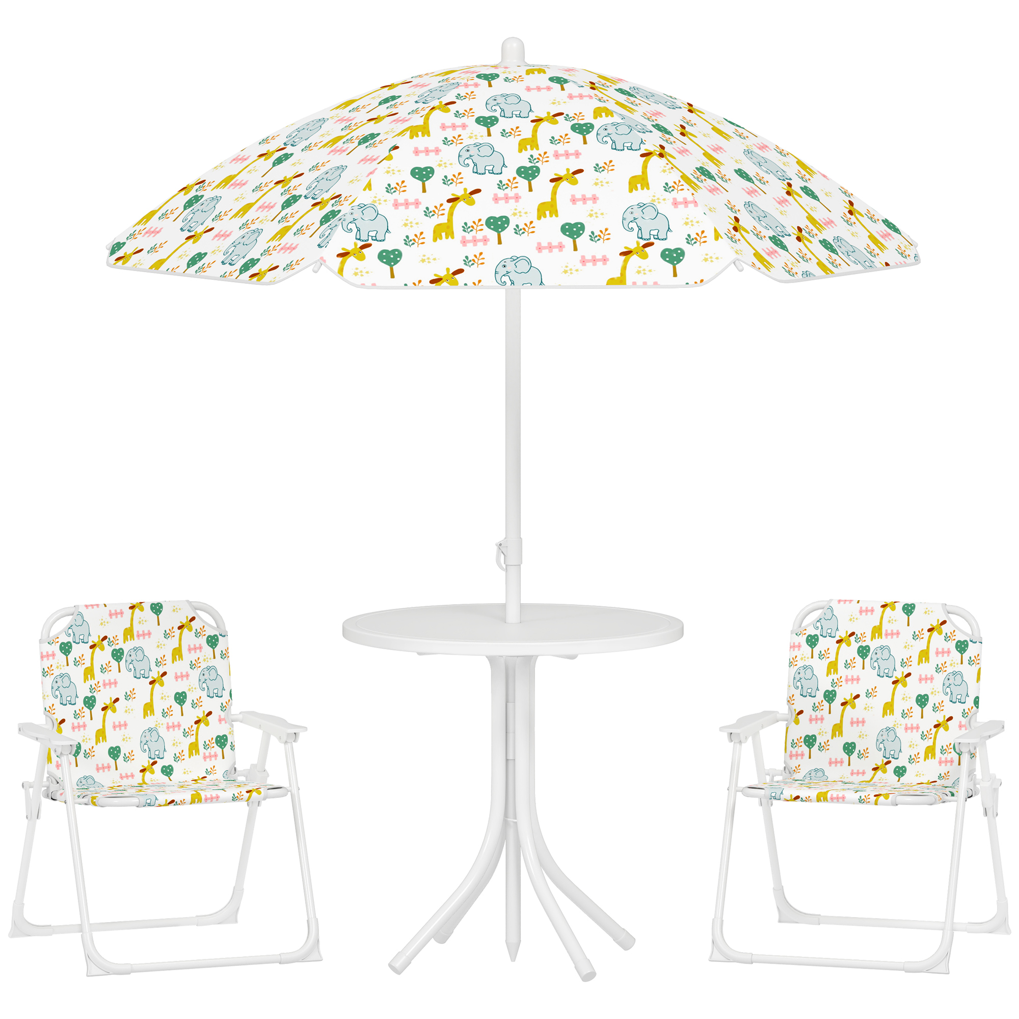 AIYAPLAY Ensemble salon de jardin extérieur enfant 4 pièces, motif éléphant et girafe, parasol réglable Ø 100 cm, chaise pliable AIYAPLAY Ensemble salon de jardin extérieur enfant 4 pièces, motif éléphant et girafe, parasol réglable Ø 100 cm, chaise pliable