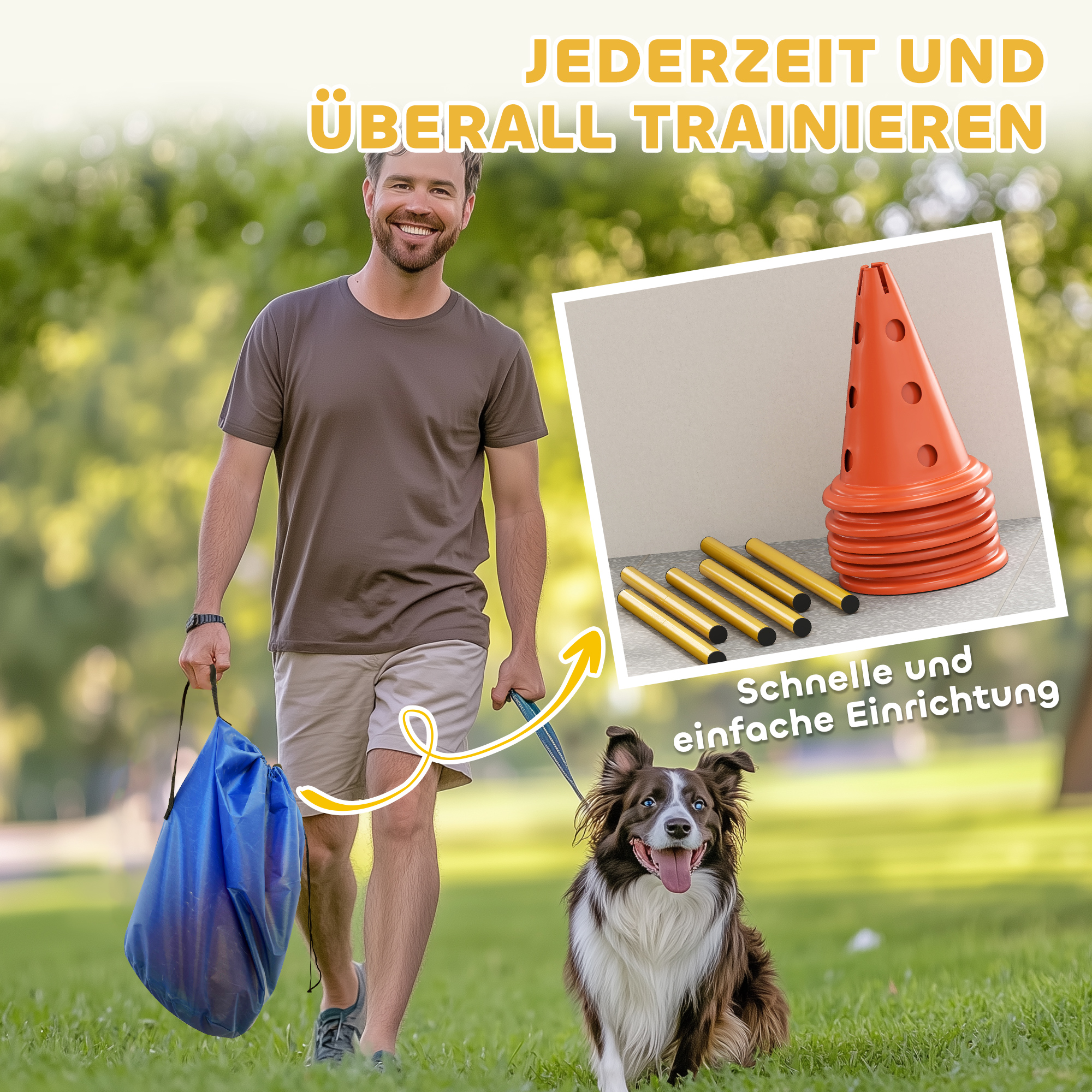 Agility komplekt koertele: 3-osaline agilityvarustus koerte treenimiseks, sh 6 koonust, 3 tõket ja kandekott.