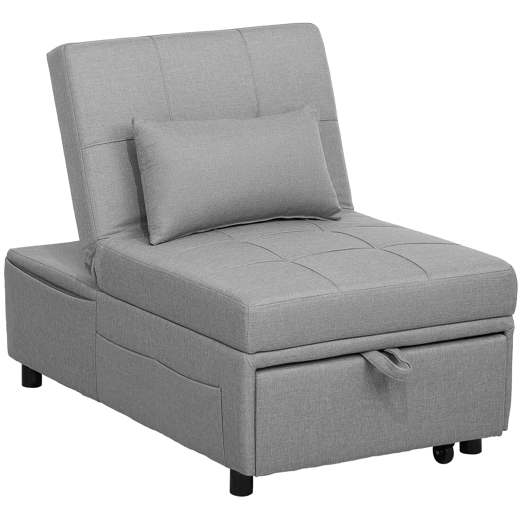 HOMCOM 3-in-1 Schlafsessel mit Bettfunktion, ausziehbares Schlafsofa, Schlafstuhl mit Seitentasche, Verstellbarer Rückenlehne, bis 150 kg belastbar, für Wohnzimmer, Schlafzimmer, Hellgrau Aosom